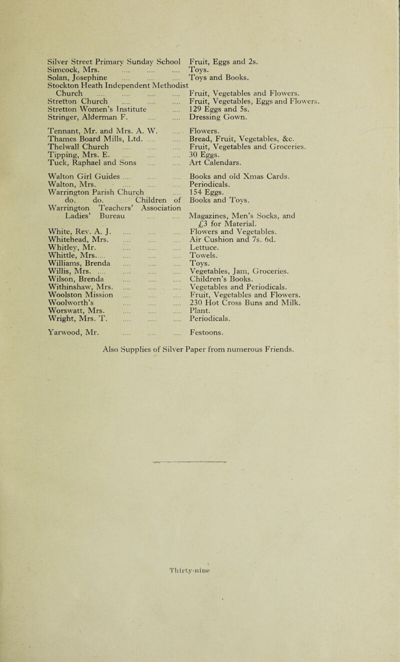 Silver Street Primary Sunday School Simcock, Mrs. Solan, Josephine Stockton Heath Independent Methodist Church Stretton Church Stretton Women’s Institute Stringer, Alderman F. Fruit, Eggs and 2s. Toys. Toys and Books. Fruit, Vegetables and Flowers. Fruit, Vegetables, Eggs and Flowers. 129 Eggs and 5s. Dressing Gown. Tennant, Mr. and Mrs. A. W. Thames Board Mills, Ltd. Thelwall Church Tipping, Mrs. E. Tuck, Raphael and Sons Flowers. Bread, Fruit, Vegetables, &c. Fruit, Vegetables and Groceries. 30 Eggs. Art Calendars. Walton Girl Guides .... Walton, Mrs. Warrington Parish Church do. do. Children of Warrington Teachers’ Association Ladies’ Bureau White, Rev. A. J. Whitehead, Mrs. Whitley, Mr. Whittle, Mrs. Williams, Brenda Willis, Mrs. Wilson, Brenda Withinshaw, Mrs. Woolston Mission Woolworth’s Worswatt, Mrs. Wright, Mrs. T. Books and old Xmas Cards. Periodicals. 154 Eggs. Books and Toys. Magazines, Men’s Socks, and £3 for Material. Flowers and Vegetables. Air Cushion and 7s. 6d. Lettuce. Towels. Toys. Vegetables, Jam, Groceries. Children’s Books. Vegetables and Periodicals. Fruit, Vegetables and Flowers. 230 Hot Cross Buns and Milk. Plant. Periodicals. Yarwood, Mr. Festoons. Also Supplies of Silver Paper from numerous Friends. 1