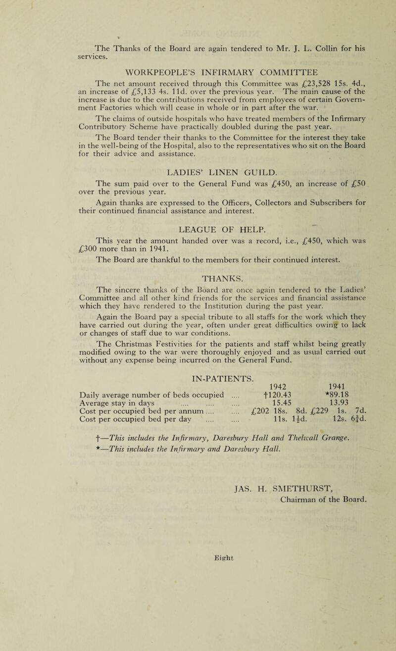 The Thanks of the Board are again tendered to Mr. J. L. Collin for his services. WORKPEOPLE’S INFIRMARY COMMITTEE The net amount received through this Committee was £23,528 15s. 4d., an increase of £5,133 4s. lid. over the previous year. The main cause of the increase is due to the contributions received from employees of certain Govern¬ ment Factories which will cease in whole or in part after the war. The claims of outside hospitals who have treated members of the Infirmary Contributory Scheme have practically doubled during the past year. The Board tender their thanks to the Committee for the interest they take in the well-being of the Hospital, also to the representatives who sit on the Board for their advice and assistance. LADIES’ LINEN GUILD. The sum paid over to the General Fund was £450, an increase of £50 over the previous year. Again thanks are expressed to the Officers, Collectors and Subscribers for their continued financial assistance and interest. LEAGUE OF HELP. This year the amount handed over was a record, i.e., £450, which was £300 more than in 1941. The Board are thankful to the members for their continued interest. THANKS. The sincere thanks of the Board are once again tendered to the Ladies’ Committee and all other kind friends for the services and financial assistance which they have rendered to the Institution during the past year. Again the Board pay a special tribute to all staffs for the work which they have carried out during the year, often under great difficulties owing to lack or changes of staff due to war conditions. The Christmas Festivities for the patients and staff whilst being greatly modified owing to the war were thoroughly enjoyed and as usual carried out without any expense being incurred on the General Fund. IN-PATIENTS. Daily average number of beds occupied Average stay in days Cost per occupied bed per annum .... Cost per occupied bed per day 1942 1120.43 15.45 £202 18s. 8d. 11s. Hd. 1941 *89.18 13.93 £229 Is. 7d. 12s. 6fd. f—This includes the Infirmary, Dareshury Hall and Theluall Grange. *—This includes the Infirmary and Darssbury Hall. JAS. H. SMETHURST, Chairman of the Board. Eight