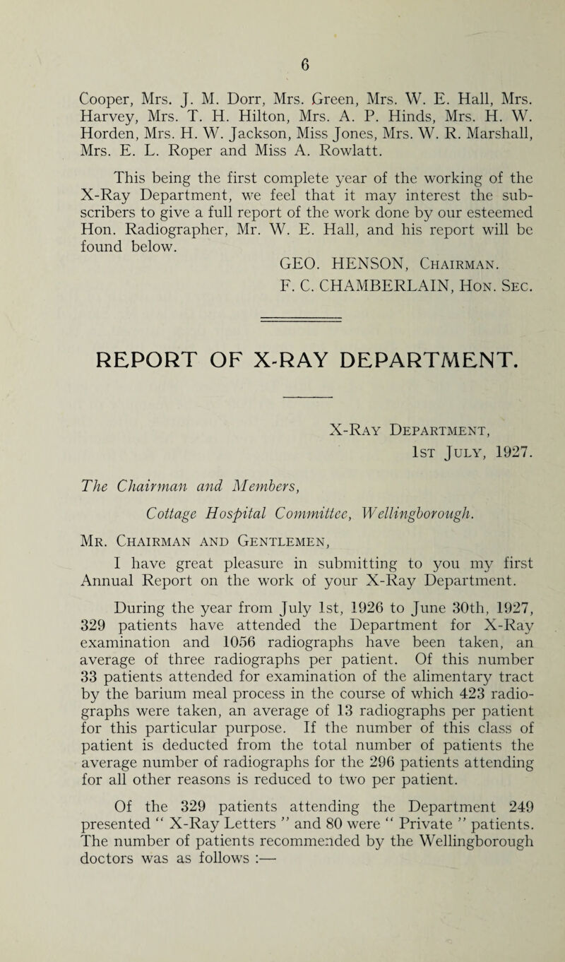 Cooper, Mrs. J. M. Dorr, Mrs. Green, Mrs. W. E. Hall, Mrs. Harvey, Mrs. T. H. Hilton, Mrs. A. P. Hinds, Mrs. H. W. Horden, Mrs. H. W. Jackson, Miss Jones, Mrs. W. R. Marshall, Mrs. E. L. Roper and Miss A. Rowlatt. This being the first complete year of the working of the X-Ray Department, we feel that it may interest the sub¬ scribers to give a full report of the work done by our esteemed Hon. Radiographer, Mr. W. E. Hall, and his report will be found below. GEO. HENSON, Chairman. F. C. CHAMBERLAIN, Hon. Sec. REPORT OF X-RAY DEPARTMENT. X-Ray Department, 1st July, 1927. The Chairman and Members, Cottage Hospital Committee, Wellingborough. Mr. Chairman and Gentlemen, I have great pleasure in submitting to you my first Annual Report on the work of your X-Ray Department. During the year from July 1st, 1926 to June 30th, 1927, 329 patients have attended the Department for X-Ray examination and 1056 radiographs have been taken, an average of three radiographs per patient. Of this number 33 patients attended for examination of the alimentary tract by the barium meal process in the course of which 423 radio¬ graphs were taken, an average of 13 radiographs per patient for this particular purpose. If the number of this class of patient is deducted from the total number of patients the average number of radiographs for the 296 patients attending for all other reasons is reduced to two per patient. Of the 329 patients attending the Department 249 presented “ X-Ray Letters ” and 80 were “ Private ” patients. The number of patients recommended by the Wellingborough doctors was as follows :—•