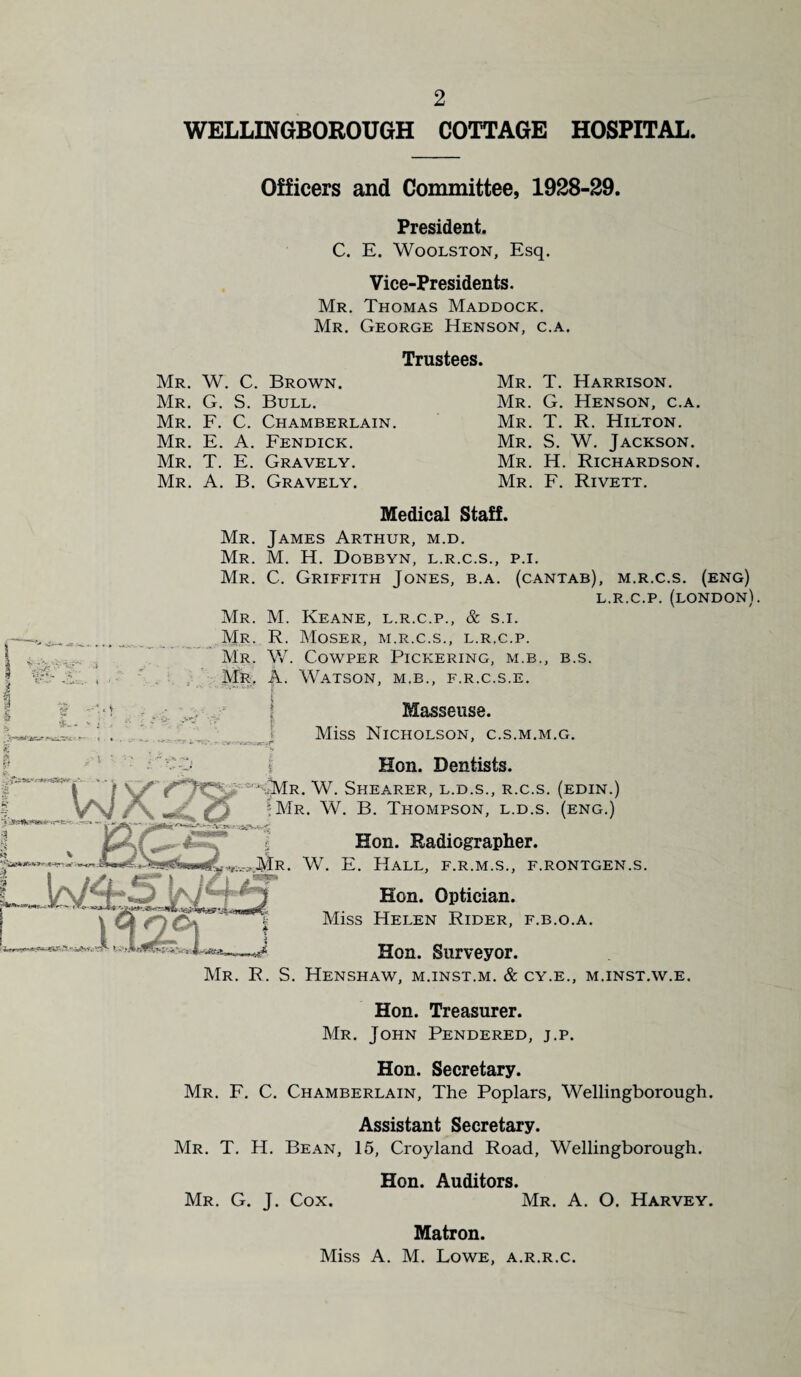 WELLINGBOROUGH COTTAGE HOSPITAL Officers and Committee, 1928-29. President. C. E. Woolston, Esq. Vice-Presidents. Mr. Thomas Maddock. Mr. George Henson, c.a. Trustees. Mr. W. C. Brown. Mr. G. S. Bull. Mr. F. C. Chamberlain. Mr. E. A. Fendick. Mr. T. E. Gravely. Mr. A. B. Gravely. Mr. T. Harrison. Mr. G. Henson, c.a. Mr. T. R. Hilton. Mr. S. W. Jackson. Mr. H. Richardson. Mr. F. Rivett. Medical Staff. Mr. James Arthur, m.d. Mr. M. H. Dobbyn, l.r.c.s., p.i. Mr. C. Griffith Jones, b.a. (cantab), m.r.c.s. (eng) L.R.C.P. (LONDON). Mr. M. Keane, l.r.c.p., & s.i. Mr. R. Moser, m.r.c.s., l.r.c.p. Mr. W. Cowper Pickering, m.b., b.s. Mr. A. Watson, m.b., f.r.c.s.e. Masseuse. Miss Nicholson, c.s.m.m.g. ’ j t Hon. Dentists. • -'l'NMr. W. Shearer, l.d.s., r.c.s. (edin.) • Mr. W. B. Thompson, l.d.s. (eng.) /’V' l Hon. Radiographer. . W. E. Hall, f.r.m.s., f.rontgen.s. Hon. Optician. Miss Helen Rider, f.b.o.a. Hon. Surveyor. Mr. R. S. Henshaw, m.inst.m. & cy.e., m.inst.w.e. Hon. Treasurer. Mr. John Pendered, j.p. Hon. Secretary. Mr. F. C. Chamberlain, The Poplars, Wellingborough. Assistant Secretary. Mr. T. H. Bean, 15, Croyland Road, Wellingborough. Hon. Auditors. Mr. G. J. Cox. Mr. A. O. Harvey. Matron. Miss A. M. Lowe, a.r.r.c.