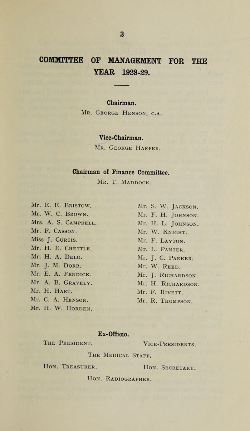COMMITTEE OF MANAGEMENT FOR THE YEAR 1928-29. Chairman. Mr. George Henson, c.a. Vice-Chairman. Mr. George Harper. Chairman of Finance Committee. Mr. T. Maddock. Mr. E. E. Bristow. Mr. W. C. Brown. Mrs. A. S. Campbell Mr. F. Casson. Miss J. Curtis. Mr. H. E. Chettle. Mr. H. A. Delo. Mr. J. M. Dorr. Mr. E. A. Fendick. Mr. A. B. Gravely. Mr. H. Hart. Mr. C. A. Henson. Mr. H. W. Horden. Mr. S. W. Jackson. Mr. F. H. Johnson. Mr. H. L. Johnson. Mr. W. Knight. Mr. F. Layton. Mr. L. Panter. Mr. J. C. Parker. Mr. W. Reed. Mr. J. Richardson. Mr. H. Richardson. Mr. F. Rivett. Mr. R. Thompson. Ex-Officio. The President. Vice-Presidents. The Medical Staff. Hon. Treasurer. Hon. Secretary.