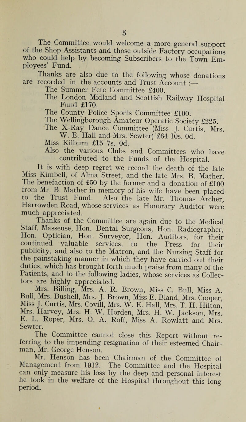 The Committee would welcome a more general support of the Shop Assistants and those outside Factory occupations who could help by becoming Subscribers to the Town Em¬ ployees’ Fund. Thanks are also due to the following whose donations are recorded in the accounts and Trust Account :— The Summer Fete Committee £400. The London Midland and Scottish Railway Hospital Fund £170. The County Police Sports Committee £100. The Wellingborough Amateur Operatic Society £225. The X-Ray Dance Committee (Miss J. Curtis, Mrs. W. E. Hall and Mrs. Sewter) £64 10s. Od. Miss Kilburn £15 7s. Od. Also the various Clubs and Committees who have contributed to the Funds of the Hospital. It is with deep regret we record the death of the late Miss Kimbell, of Alma Street, and the late Mrs. B. Mather. The benefaction of £50 by the former and a donation of £100 from Mr. B. Mather in memory of his wife have been placed to the Trust Fund. Also the late Mr. Thomas Archer, Harrowden Road, whose services as Honorary Auditor were much appreciated. Thanks of the Committee are again due to the Medical Staff, Masseuse, Hon. Dental Surgeons, Hon. Radiographer, Hon. Optician, Hon. Surveyor, Hon. Auditors, for their continued valuable services, to the Press for their publicity, and also to the Matron, and the Nursing Staff for the painstaking manner in which they have carried out their duties, which has brought forth much praise from many of the Patients, and to the following ladies, whose services as Collec¬ tors are highly appreciated. Mrs. Billing, Mrs. A. R. Brown, Miss C. Bull, Miss A. Bull, Mrs. Bushell, Mrs. J. Brown, Miss E. Bland, Mrs. Cooper, Miss J. Curtis, Mrs. Covill, Mrs. W. E. Hall, Mrs. T. H. Hilton. Mrs. Harvey, Mrs. H. W. Horden, Mrs. H. W. Jackson, Mrs*. E. L. Roper, Mrs. O. A. Roff, Miss A. Rowlatt and Mrs. Sewter. The Committee cannot close this Report without re¬ ferring to the impending resignation of their esteemed Chair¬ man, Mr. George Henson. Mr. Henson has been Chairman of the Committee of Management from 1912. The Committee and the Hospital can only measure his loss by the deep and personal interest he took in the welfare of the Hospital throughout this long period.