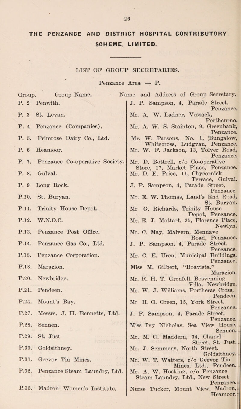 THE PENZANCE AND DISTRICT HOSPITAL CONTRIBUTORY SCHEME, LIMITED. LIST OF GROUP SECRETARIES. Penzance Area — P. Group. Group Name. Name and Address of Group Secretary. P. 2 Penwith. P. 3 St. Levan. P. 4 Penzance (Companies). P. 5. Primrose Dairy Co., Ltd. P. 6 Heamoor. P. 7. Penzance Co-operative Society. P. 8. Gulval. P. 9 Long Rock. P.10. St. Buryan. P.ll. Trinity House Depot. P.12. W.N.O.C. P.13. Penzance Post Office. P.14. Penzance Gas Co., Ltd. P.15. Penzance Corporation. P.18. Marazion. P.20. Newbridge. P.21. Pendeen. P.24. Mount’s Bay. P.27. Messrs. J. H. Bennetts, Ltd. P.28. Sennen. P.29. St. Just P.30. Goldsithney. P.31. Geevor Tin Mines. P.32. Penzance Steam Laundry, Ltd. P.35. Madron Women’s Institute. J. P. Sampson, 4, Parade Street, Penzance. Mr. A. W. Ladner, Vessack, Porthcurno. Mr. A. W. S. Stainton, 9, Greenbank, Penzance. Mr. W. Parsons, No. 1, ^Bungalow, Whitecross, Ludgvan, Penzance. Mr. W. F. Jackson, 13, Tolver Road, Penzance. Mr. D. Bottrell, c/o Co-operative Store, 17, Market Place, Penzance. Mr. D. E. Price, 11, Chycornick Terrace, Gulval. J. P. Sampson, 4, Parade Street, Penzance Mr. E. W. Thomas, Land’s End Road, St. Buryan. Mr G. Richards, Trinity House Depot, Penzance. Mr. E. J. Mottart, 25, Florence Place, Newlyn. Mr. C. May, Malvern, Mennave Road, Penzance. J. P. Sampson, 4, Parade Street, Penzance. Mr. C. E. TJren, Municipal Buildings, Penzance. Miss M. Gilbert, “Boavista.” Marazion. Mr. R. H. T. Grenfell. Bosvenning Villa. Newbridge. Mr. W. J. Williams, Portheras Cross, Pendeen. Mr H. G. Green, 15, York Street. Penzance. J. P. Sampson, 4, Parade Street, Penzance. Miss Ivy Nicholas, Sea View House, Sennen. Mr, M. G. Maddern, 34, Chapel Street, St. Just.. Mr. J. Semmens, North Street. Goldsithney., Mr. W. T. Watters, c/o Geevor Tin Mines, Ltd., Pendeen. Mr. A. W. Hockine, c/o Penzance Steam Laundry, Ltd., New Street Penzance. Nurse Tucker, Mount View. Madron, Heamoor.'
