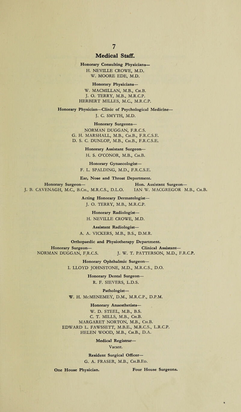 Medical Staff. Honorary Consulting Physicians— H. NEVILLE CROWE, M.D. W. MOORE EDE, M.D. Honorary Physicians— W. MACMILLAN, M.B., Ch.B. J. O. TERRY, M.B., M.R.C.P. HERBERT MILLES, M.C., M.R.C.P. Honorary Physician—Clinic of Psychological Medicine— J. C. SMYTH, M.D. Honorary Surgeons— NORMAN DUGGAN, F.R.C.S. G. H. MARSHALL, M.B., Ch.B., F.R.C.S.E. D. S. C. DUNLOP, M.B., Ch.B., F.R.C.S.E. Honorary Assistant Surgeon— H. S. O’CONOR, M.B., Ch.B. Honorary Gynaecologist— F. L. SPALDING, M.D., F.R.C.S.E. Ear, Nose and Throat Department. Honorary Surgeon— Hon. Assistant Surgeon— J. B. CAVENAGH, M.C., B.Ch., M.R.C.S., D.L.O. IAN W. MACGREGOR M.B., Ch.B. Acting Honorary Dermatologist— J. O. TERRY, M.B., M.R.C.P. Honorary Radiologist— H. NEVILLE CROWE, M.D. Assistant Radiologist— A. A. VICKERS, M.B., B.S., D.M.R. Orthopaedic and Physiotherapy Department. Honorary Surgeon— Clinical Assistant— NORMAN DUGGAN, F.R.C.S. J. W. T. PATTERSON, M.D., F.R.C.P. Honorary Ophthalmic Surgeon— I. LLOYD JOHNSTONE, M.D., M.R.C.S., D.O. Honorary Dental Surgeon— R. F. SIEVERS, L.D.S. Pathologist— W. H. McMENEMEY, D.M., M.R.C.P., D.P.M. Honorary Anaesthetists— W. D. STEEL, M.B., B.S. C. T. MILLS, M.B., Ch.B. MARGARET NORTON, M.B., Ch.B. EDWARD L. FAWSSETT, M.B.E., M.R.C.S., L.R.C.P. HELEN WOOD, M.B., Ch.B., D.A. Medical Registrar— Vacant. Resident Surgical Officer— G. A. FRASER, M.B., Ch.B.Ed. One House Physician. Four House Surgeons.