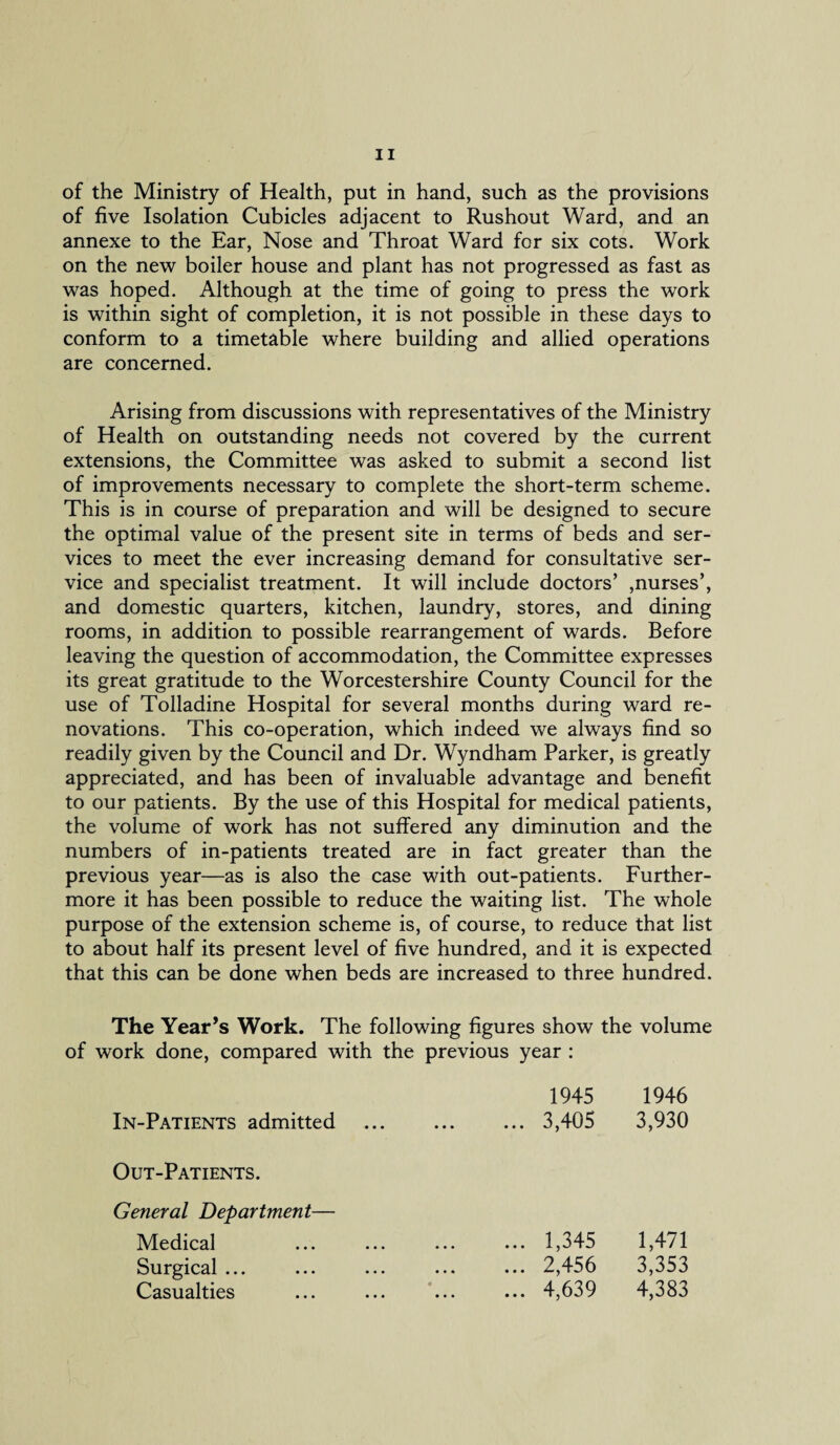 of the Ministry of Health, put in hand, such as the provisions of five Isolation Cubicles adjacent to Rushout Ward, and an annexe to the Ear, Nose and Throat Ward for six cots. Work on the new boiler house and plant has not progressed as fast as was hoped. Although at the time of going to press the work is within sight of completion, it is not possible in these days to conform to a timetable where building and allied operations are concerned. Arising from discussions with representatives of the Ministry of Health on outstanding needs not covered by the current extensions, the Committee was asked to submit a second list of improvements necessary to complete the short-term scheme. This is in course of preparation and will be designed to secure the optimal value of the present site in terms of beds and ser¬ vices to meet the ever increasing demand for consultative ser¬ vice and specialist treatment. It will include doctors’ ,nurses’, and domestic quarters, kitchen, laundry, stores, and dining rooms, in addition to possible rearrangement of wards. Before leaving the question of accommodation, the Committee expresses its great gratitude to the Worcestershire County Council for the use of Tolladine Hospital for several months during ward re¬ novations. This co-operation, which indeed we always find so readily given by the Council and Dr. Wyndham Parker, is greatly appreciated, and has been of invaluable advantage and benefit to our patients. By the use of this Hospital for medical patients, the volume of work has not suffered any diminution and the numbers of in-patients treated are in fact greater than the previous year—as is also the case with out-patients. Further¬ more it has been possible to reduce the waiting list. The whole purpose of the extension scheme is, of course, to reduce that list to about half its present level of five hundred, and it is expected that this can be done when beds are increased to three hundred. The Year’s Work. The following figures show the volume of work done, compared with the previous year : In-Patients admitted 1945 3,405 1946 3,930 Out-Patients. General Department— Medical Surgical ... Casualties 1,345 2,456 4,639 1,471 3,353 4,383