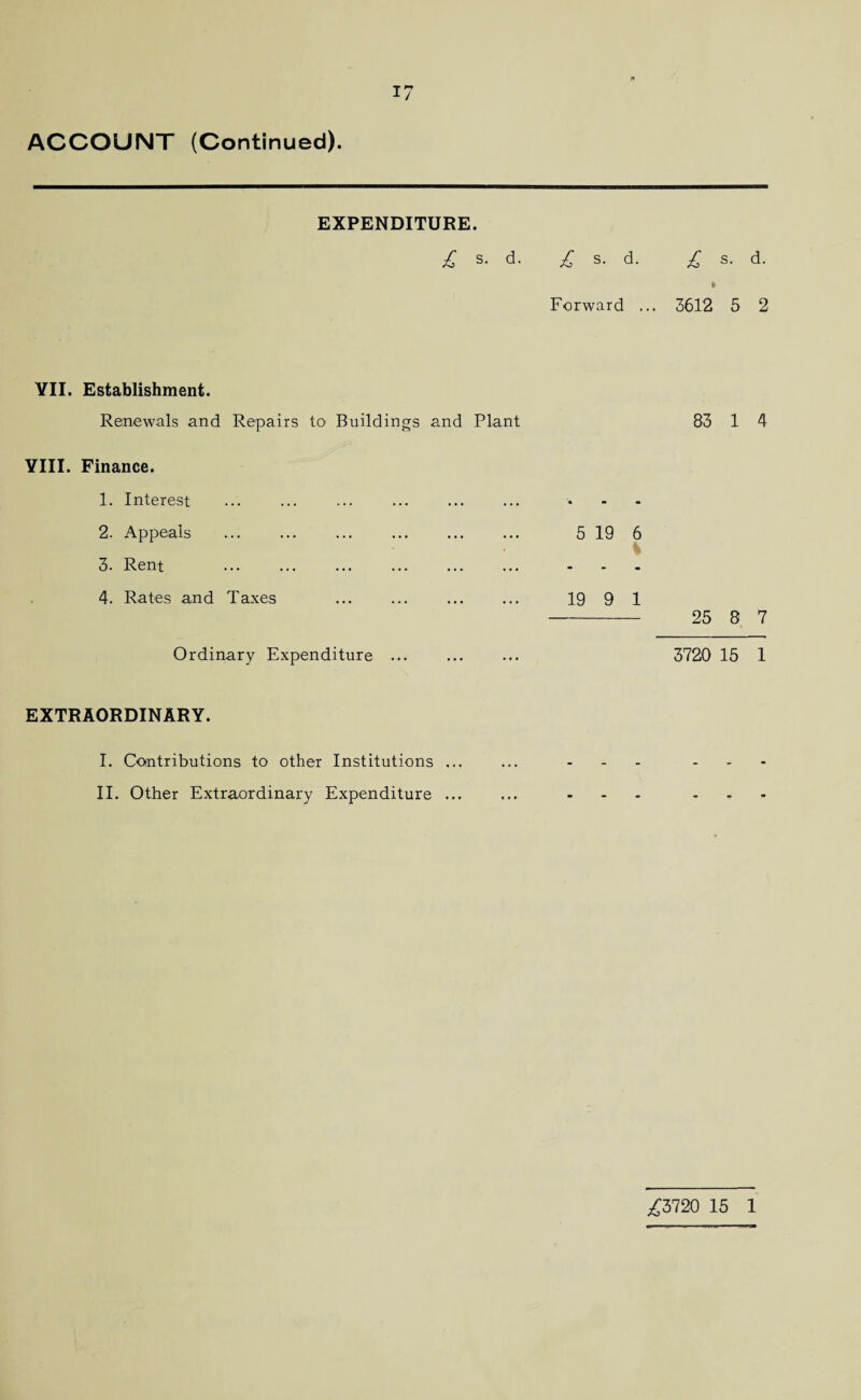 ACCOUNT (Continued). EXPENDITURE. £ s- d. £ s. d Forward YII. Establishment. Renewals and Repairs to Buildings and Plant YIII. Finance. 1. Interest 2. Appeals . 5 19 3. Rent . 4. Rates and Taxes ... ... ... ... 19 9 Ordinary Expenditure ... EXTRAORDINARY. I. Contributions to other Institutions ... II. Other Extraordinary Expenditure ... £ s• d- i 3612 5 2 83 1 4 25 8 7 3720 15 1