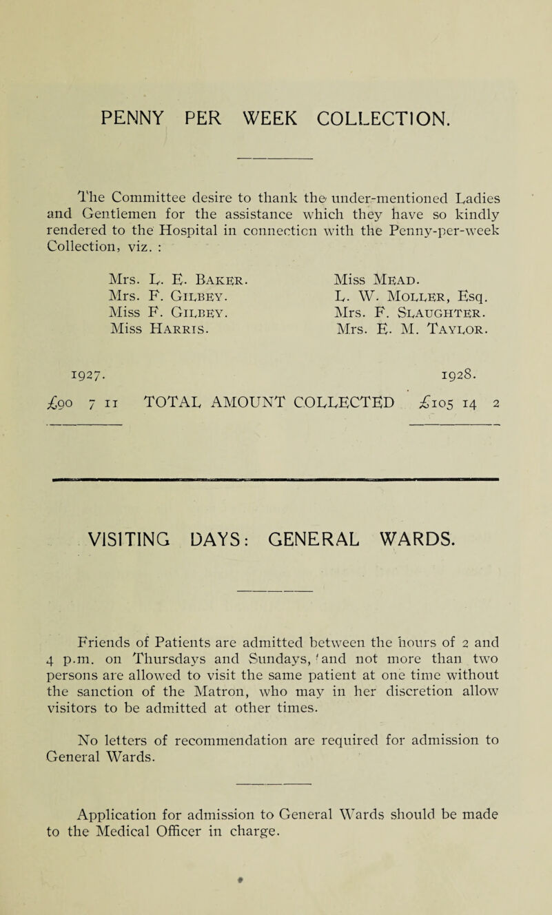 PENNY PER WEEK COLLECTION. The Committee desire to thank the under-mentioned Ladies and Gentlemen for the assistance which they have so kindly rendered to the Hospital in connection with the Penny-per-week Collection, viz. : Mrs. L. B- Baker. Mrs. F. Gikbey. Miss F. Girbey. Miss PIarris. Miss Mead. L. W. Moeder, Esq. Mrs. F. Sraughter. Mrs. E. M. Tayror. 1928. 1927. £90 7 IT TOTAL AMOUNT COLLECTED £105 14 2 VISITING DAYS: GENERAL WARDS. Friends of Patients are admitted between the hours of 2 and 4 p.m. on Thursdays and Sundays,'and not more than tw7o persons are allowed to visit the same patient at one time without the sanction of the Matron, who may in her discretion allow visitors to be admitted at other times. No letters of recommendation are required for admission to General Wards. Application for admission to General Wards should be made to the Medical Officer in charge.