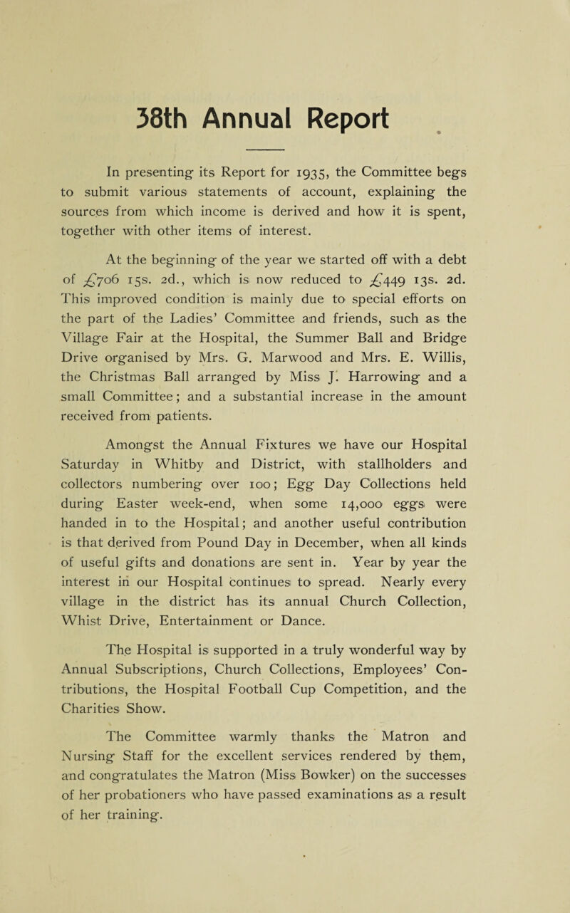 38th Annual Report In presenting- its Report for 1935, the Committee begs to submit various statements of account, explaining the sources from which income is derived and how it is spent, together with other items of interest. At the beginning of the year we started off with a debt of £706 15s. 2d., which is now reduced to ^449 13s. 2d. This improved condition is mainly due to special efforts on the part of the Ladies’ Committee and friends, such as the Village Fair at the Hospital, the Summer Ball and Bridge Drive organised by Mrs. G. Marwood and Mrs. E. Willis, the Christmas Ball arranged by Miss J. Harrowing and a small Committee ; and a substantial increase in the amount received from patients. Amongst the Annual Fixtures we have our Hospital Saturday in Whitby and District, with stallholders and collectors numbering over 100; Egg Day Collections held during Easter week-end, when some 14,000 eggs were handed in to the Hospital; and another useful contribution is that derived from Pound Day in December, when all kinds of useful gifts and donations are sent in. Year by year the interest in our Hospital continues to spread. Nearly every village in the district has its annual Church Collection, Whist Drive, Entertainment or Dance. The Hospital is supported in a truly wonderful way by Annual Subscriptions, Church Collections, Employees’ Con¬ tributions, the Hospital Football Cup Competition, and the Charities Show. The Committee warmly thanks the Matron and Nursing Staff for the excellent services rendered by them, and congratulates the Matron (Miss Bowker) on the successes of her probationers who have passed examinations as a result of her training.