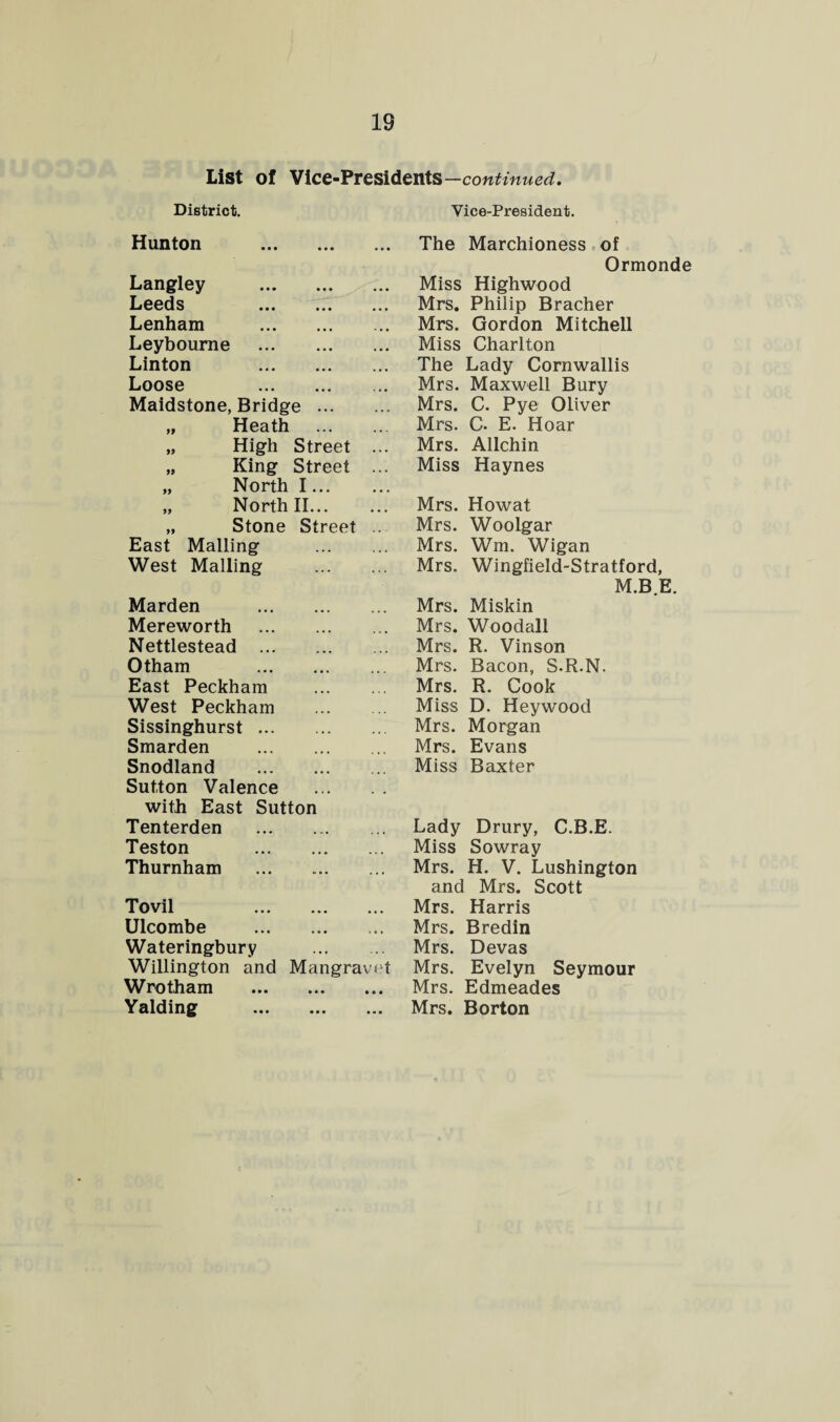 List of Vice-Presidents —continued. District. Hunton . Langley . Leeds . Lenham . Leyboume . Linton . Loose . Maidstone, Bridge. „ Heath . „ High Street ... „ King Street ... „ North I. „ North II. „ Stone Street .. East Mailing . West Mailing . Marden . Mereworth Nettlestead . Otham . East Peckham . West Peckham . Sissinghurst. Smarden . Snodland . Sutton Valence . with East Sutton Tenterden . Teston . Thurnham . Tovil . Ulcombe . Wateringbury . Willington and Mangravet Wroth am . Yalding . Vice-President. The Marchioness of Ormonde Miss Highwood Mrs. Philip Bracher Mrs. Gordon Mitchell Miss Charlton The Lady Cornwallis Mrs. Maxwell Bury Mrs. C. Pye Oliver Mrs. C. E. Hoar Mrs. Allchin Miss Haynes Mrs. Howat Mrs. Woolgar Mrs. Wm. Wigan Mrs. Wingfield-Stratford, M.B.E. Mrs. Miskin Mrs. Woodall Mrs. R. Vinson Mrs. Bacon, S.R.N. Mrs. R. Cook Miss D. Heywood Mrs. Morgan Mrs. Evans Miss Baxter Lady Drury, C.B.E. Miss Sowray Mrs. H. V. Lushington and Mrs. Scott Mrs. Harris Mrs. Bredin Mrs. Devas Mrs. Evelyn Seymour Mrs. Edmeades Mrs. Borton