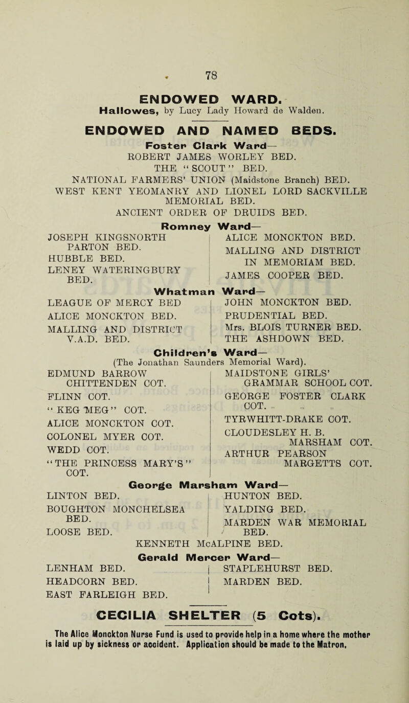 ENDOWED WARD. Ha Howes, by Lucy Lady Howard de Walden. ENDOWED AND NAMED BEDS. Foster* Clark Ward— ROBERT JAMES WORLEY BED. THE “ SCOUT ” BED. NATIONAL FARMERS’ UNION (Maidstone Branch) BED. WEST KENT YEOMANRY AND LIONEL LORD SACKYILLE MEMORIAL BED. ANCIENT ORDER OF DRUIDS BED. Romney Ward— JOSEPH KINGSNORTH PARTON BED. HUBBLE BED. LENEY WATERINGBURY BED. Whatman Ward LEAGUE OF MERCY BED ALICE MONCKTON BED. ALICE MONCKTON BED. MALLING AND DISTRICT IN MEMORIAM BED. JAMES COOPER BED. JOHN MONCKTON BED. PRUDENTIAL BED. Mrs. BLOIS TURNER BED. THE ASHDOWN BED. Children’s Ward— (The Jonathan Saunders Memorial Ward). MALLING AND DISTRICT Y.A.D. BED. EDMUND BARROW CHITTENDEN COT. FLINN COT. “KEG MEG” COT. ALICE MONCKTON COT. COLONEL MYER COT. WEDD COT. “THE PRINCESS MARY’S MAIDSTONE GIRLS’ GRAMMAR SCHOOL COT. GEORGE FOSTER CLARK COT. TYRWHITT-DRAKE COT. CLOUDESLEY H. B. MARSHAM COT. ARTHUR PEARSON MARGETTS COT. COT. George Marsham Ward LINTON BED. HUNTON BED. BOUGHTON MONCHELSEA YALDING BED. BED. LOOSE BED. MARDEN WAR MEMORIAL ' BED. KENNETH McALPINE BED. Gerald Mercer Ward— LENHAM BED. | STAPLEHURST BED. HEADCORN BED. j MARDEN BED. EAST FARLEIGH BED. CECILIA SHELTER (5 Cots). The Alice Monckton Nurse Fund is used to provide help in a home where the mother is laid up by sickness or accident. Application should be made to the Matron,