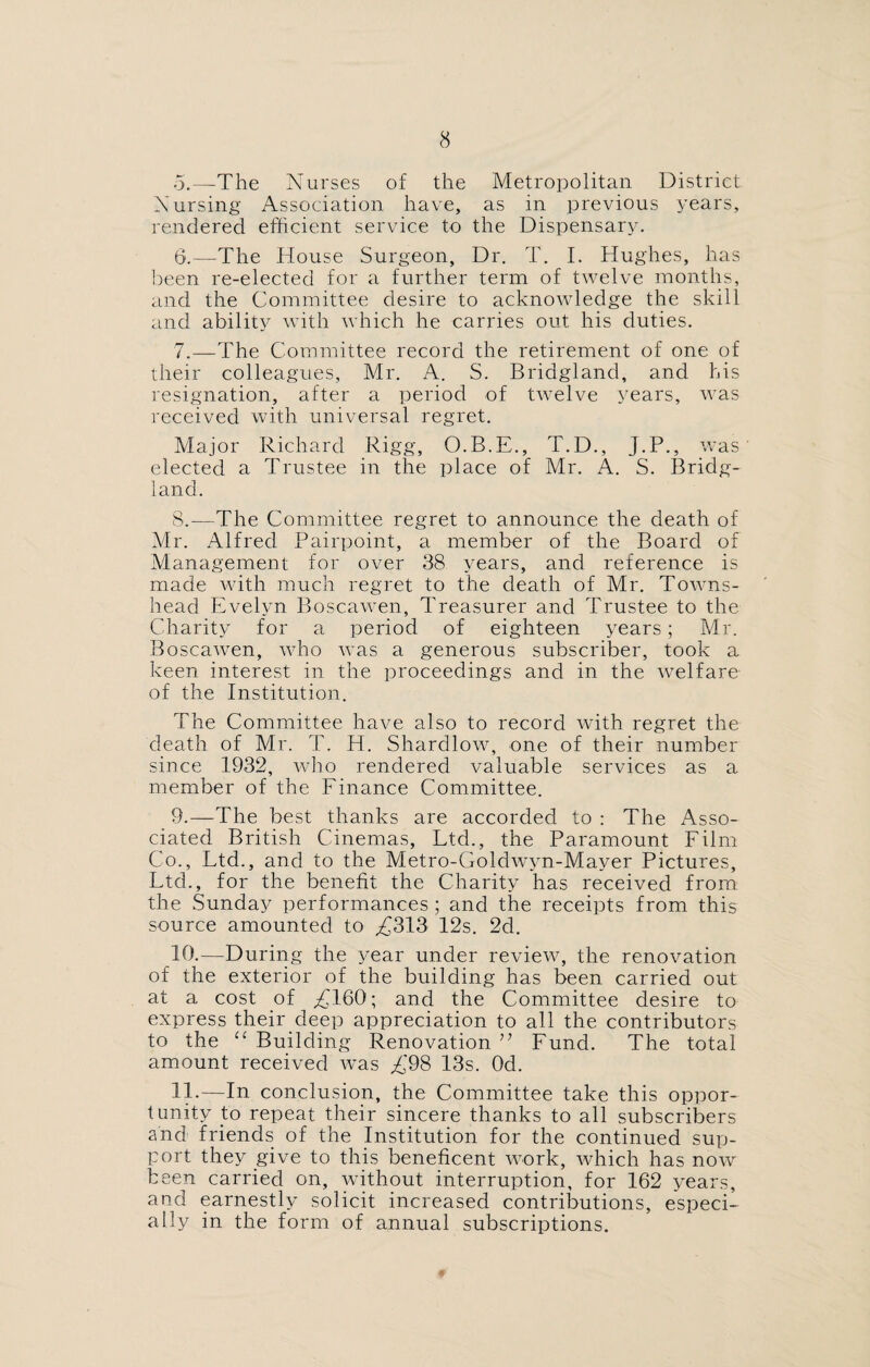 5. —The Nurses of the Metropolitan District Nursing Association have, as in previous years, rendered efficient service to the Dispensary. 6. —The House Surgeon, Dr. T. I. Hughes, has been re-elected for a further term of twelve months, and the Committee desire to acknowledge the skill and ability with which he carries out his duties. 7. —The Committee record the retirement of one of their colleagues, Mr. A. S. Bridgland, and his resignation, after a period of twelve years, was received with universal regret. Major Richard Rigg, O.B.E., T.D., J.P., was elected a Trustee in the place of Mr. A. S. 13ridg- land. 8. —The Committee regret to announce the death of Mr. Alfred Pairpoint, a member of the Board of Management for over 38 years, and reference is made with much regret to the death of Mr. Towns- head Evelyn Boscawen, Treasurer and Trustee to the Charity for a period of eighteen years; Mr. Boscawen, who was a generous subscriber, took a keen interest in the proceedings and in the welfare of the Institution. The Committee have also to record with regret the death of Mr. T. H. Shardlow, one of their number since 1932, who rendered valuable services as a member of the Finance Committee. 9. —The best thanks are accorded to : The Asso¬ ciated British Cinemas, Ltd., the Paramount Film Co., Ltd., and to the Metro-Goldwyn-Mayer Pictures, Ltd., for the benefit the Charity has received from the Sunday performances; and the receipts from this source amounted to ,£313 12s. 2d. 10. —During the year under review, the renovation of the exterior of the building has been carried out at a cost of ,£160; and the Committee desire to express their deep appreciation to all the contributors to the “Building Renovation” Fund. The total amount received was £98 13s. Od. 11. —In conclusion, the Committee take this oppor¬ tunity to repeat their sincere thanks to all subscribers and friends of the Institution for the continued sup¬ port they give to this beneficent work, which has now been carried on, without interruption, for 162 years, and earnestly solicit increased contributions, especi¬ ally in the form of annual subscriptions.