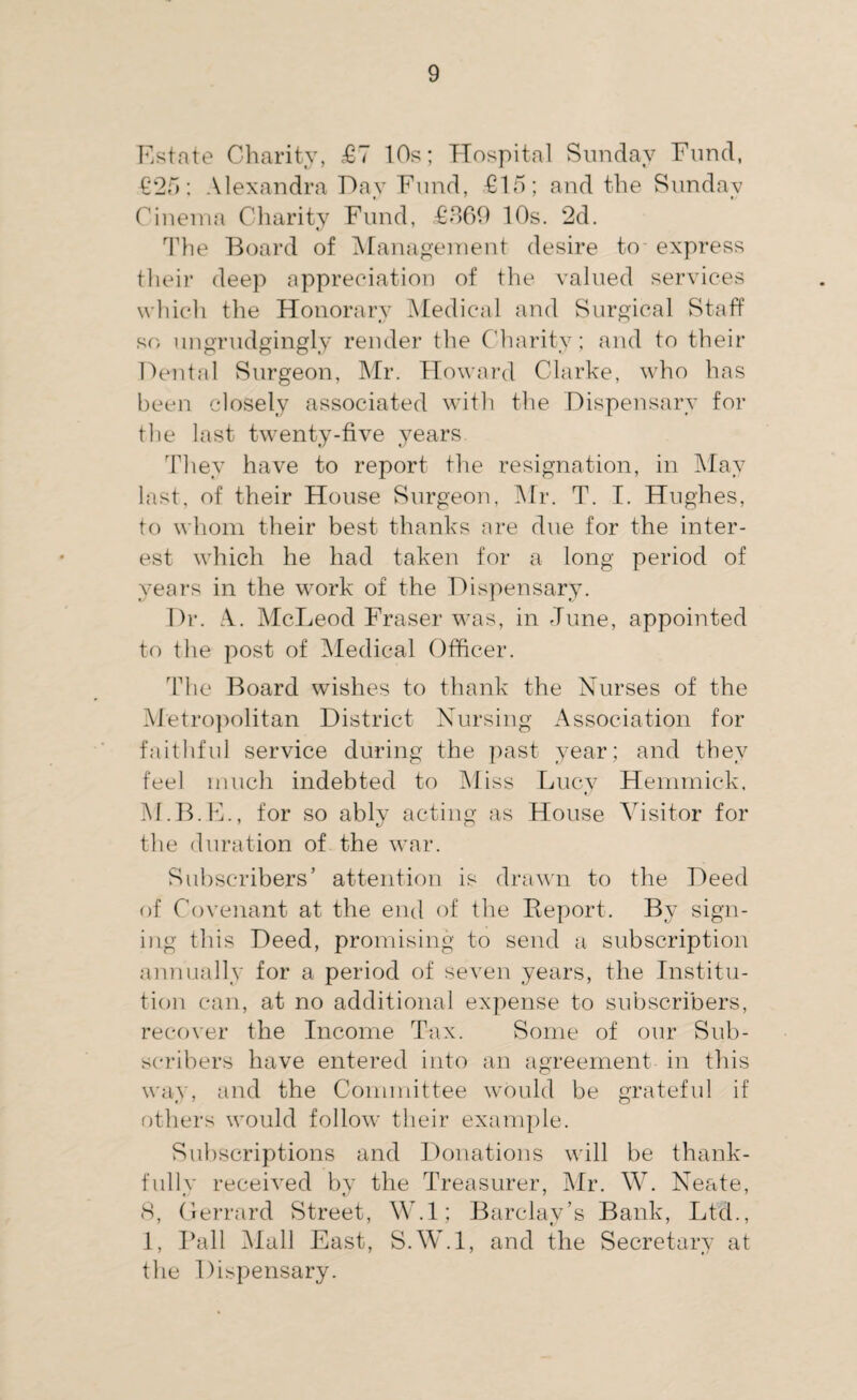 Estate Charity, £7 10s; Hospital Sunday Fund, £25: Alexandra Day Fund, £15; and the Sunday Cinema Charity Fund, ,£369 10s. 2d. The Board of Management desire to express their deep appreciation of the valued services which the Honorary Medical and Surgical Staff so ungrudgingly render the Charity; and to their Dental Surgeon, Mr. Howard Clarke, who has been closely associated with the Dispensary for the last twenty-five years They have to report the resignation, in May last, of their House Surgeon, Mr. T. I. Hughes, to whom their best thanks are due for the inter¬ est which he had taken for a long period of years in the work of the Dispensary. Dr. A. McLeod Fraser w7as, in June, appointed to the post of Medical Officer. The Board wishes to thank the Nurses of the Metropolitan District Nursing Association for faithful service during the past year; and they feel much indebted to Miss Lucy Hemmick, M.B.E., for so ably acting as House Visitor for the duration of the war. Subscribers’ attention is drawn to the Deed of Covenant at the end of the Report. By sign¬ ing this Deed, promising to send a subscription annually for a period of seven years, the Institu¬ tion can, at no additional expense to subscribers, recover the Income Tax. Some of our Sub¬ scribers have entered into an agreement in this way, and the Committee would be grateful if others would follow their example. Subscriptions and Donations will be thank¬ fully received by the Treasurer, Air. W. Neate, 8, Gerrard Street, W.l; Barclay’s Bank, Ltd., 1, Pall Alall East, S.W.l, and the Secretary at the Dispensary.