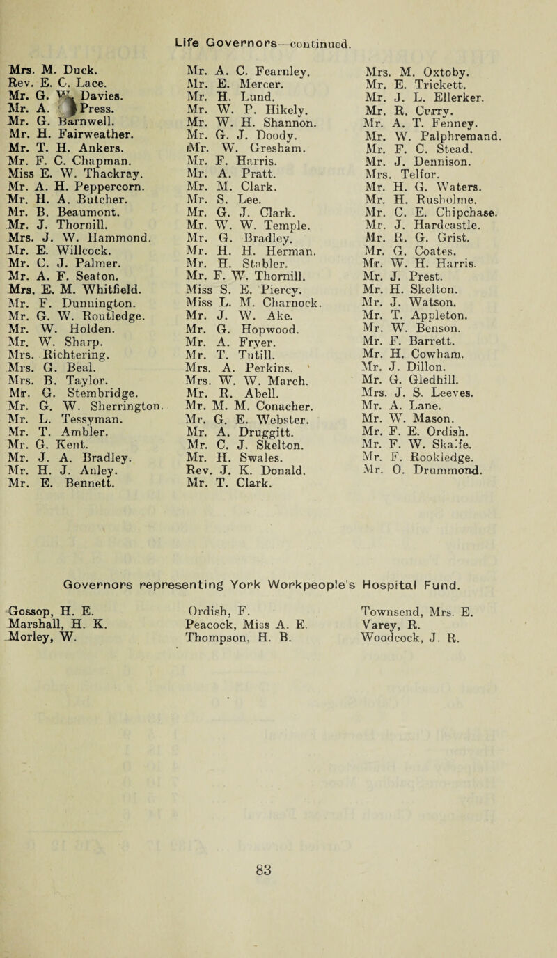 Life Governors—continued. Mrs. M. Duck. Rev. E. C. Lace. Mr. G. WL Davies. Mr. A. I Press. Mr. G. Barnwell. Mr. H. Fairweather. Mr. T. H. Ankers. Mr. F. C. Chapman. Miss E. W. Thackray. Mr. A. H. Peppercorn. Mr. H. A. Butcher. Mr. B. Beaumont. Mr. J. Thornill. Mrs. J. W. Hammond. Mr. E. Willcock. Mr. C. J. Palmer. Mr. A. F. Seaton. Mrs. E. M. Whitfield. Mr. F. Dunnington. Mr. G. W. Routledge. Mr. W. Holden. Mr. W. Sharp. Mrs. Richtering. Mrs. G. Beal. Mrs. B. Taylor. Mir. G. Stembridge. Mr. G. W. Sherrington. Mr. L. Tessyman. Mr. T. Ambler. Mr. G. Kent. Mr. J. A. Bradley. Mr. H. J. Anley. Mr. E. Bennett. Mr. A. C. Fearnley. Mr. E. Mercer. Mr. H. Lund. Mr. W. P. Hikely. Mr. W. H. Shannon. Mr. G. J. Doody. (Mr. W. Gresham. Mr. F. Harris. Mr. A. Pratt. Mr. M. Clark. Mr. S. Lee. Mr. G. J. Clark. Mr. W. W. Temple. Mr. G. Bradley. Mr. H. H. Herman. Mr. H. Stabler. Mr. F. W. Thornill. Miss S. E. Piercy. Miss L. M. Chai’nock. Mr. J. W. Ake. Mr. G. Hopwood. Mr. A. Fryer. Mr. T. Tutill. Mrs. A. Perkins. Mrs. W. W. March. Mr. R. Abell. Mr. M. M. Conacher. Mr. G. E. Webster. Mr. A. Druggitt. Mr. C. J. Skelton. Mr. H. Swales. Rev. J. K. Donald. Mr. T. Clark. Mrs. M. Oxtoby. Mr. E. Trickett. Mr. J. L. Ellerker. Mr. R. Curry. Mr. A. T. Fenney. Mr. W. Palphremand. Mr. F. C. Stead. Mr. J. Dennison. Mrs. Telfor. Mr. H. G. Waters. Mr. H. Rusholme. Mr. C. E. Chipchase. Mr. J. Hardcastle. Mr. R. G. Grist. Mr. G. Coates. Mr. W. H. Harris. Mr. J. Prest. Mr. H. Skelton. Mr. J. Watson. Mr. T. Appleton. Mr. W. Benson. Mr. F. Barrett. Mr. H. Cowham. Mr. J. Dillon. Mr. G. Gledhill. Mrs. J. S. Leeves. Mr. A. Lane. Mr. W. Mason. Mr. F. E. Ordish. Mr. F. W. Skalfe. Mr. F. Rook ledge. Mr. 0. Drummond. Governors representing York Workpeople s Hospital Fund. Gossop, H. E. Marshall, H. K. Morley, W. Ordish, F. Peacock, Miss A. E. Thompson, H. B. Townsend, Mrs. E. Varey, R. Woodcock, J. R,.
