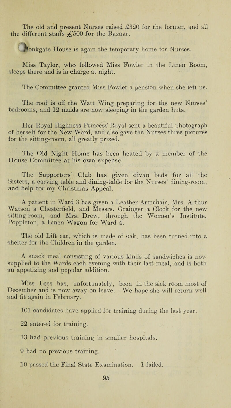 The old and present Nurses raised £320 for the former, and all the different staffs ^500 for the Bazaar. ilonkgate House is again the temporary home for Nurses. Miss Taylor, who followed Miss Fowler in the Linen Room, sleeps there and is in charge at night. The Committee granted Miss Fowler a pension when she left us. The roof is off the Watt Wing preparing for the new Nurses’ bedrooms, and 12 maids are now sleeping in the garden huts. Her Royal Highness Princess' Royal sent a beautiful photograph of herself for the New Ward, and also gave the Nurses three pictures for the sitting-room, all greatly prized. The Old Night Home has been heated by a member of the House Committee at his own expense. The Supporters’ Club has given divan beds for all the Sisters, a carving table and dining-table for the Nurses’ dining-room, and help for my Christmas Appeal. A patient in Ward 3 has given a Leather Armchair, Mrs. Arthur Watson a Chesterfield, and Messrs. Grainger a Clock for the new sitting-room, and Mrs. Drew, through the Women’s Institute, Poppleton, a Linen Wagon for Ward 4. The old Lift car, which is made of oak, has been turned into a shelter for the Children in the garden. A snack meal consisting of various kinds of sandwiches is now supplied to the Wards each evening with their last meal, and is both an appetizing and popular addition. Miss Lees has, unfortunately, been in the sick room most of December and is now away on leave. We hope she will return well and fit again in February. 101 candidates have applied for training during the last year. 22 entered for training. 13 had previous training in smaller hospitals. 9 had no previous training. 10 passed the Final State Examination. 1 failed.