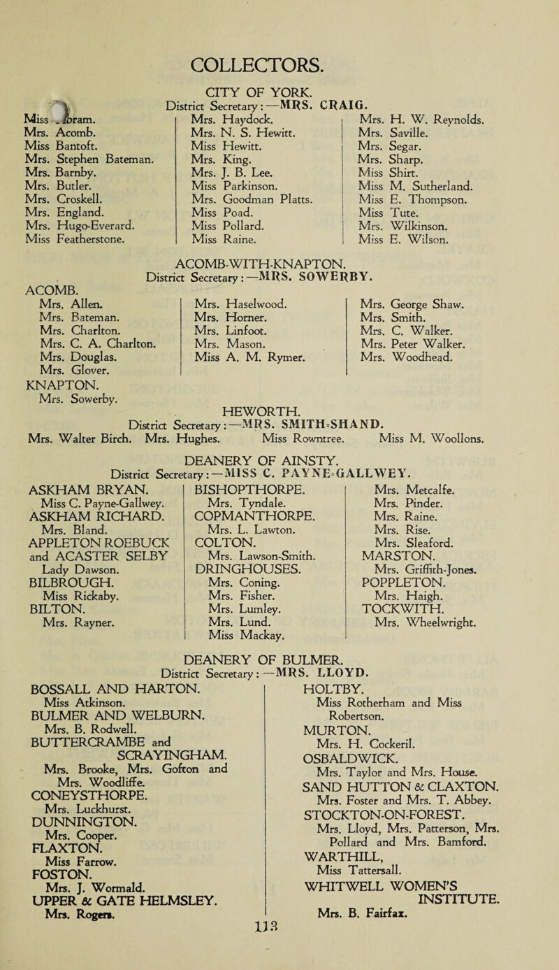 Miss . Joram. Mrs. Acomb. Miss Bantoft. Mrs. Stephen Bateman. Mrs. Barnby. Mrs. Butler. Mrs. Croskell. Mrs. England. Mrs. Hugo-Everard. Miss Featherstone. CITY OF YORK. District Secretary:—MRS. Mrs. Haydock. Mrs. N. S. Flewitt. Miss Flewitt. Mrs. King. Mrs. J. B. Lee. Miss Parkinson. Mrs. Goodman Platts. Miss Poad. Miss Pollard. Miss Raine. CRAIG. Mrs. H. W. Reynolds. Mrs. Saville. Mrs. Segar. Mrs. Sharp. Miss Shirt. Miss M. Sutherland. Miss E. Thompson. Miss Tute. Mrs. Wilkinson. Miss E. Wilson. ACOMB-WITH-KNAPTOW. District Secretary:-MRS. SOWERBY. ACOMB. Mrs. Allen. Mrs. Bateman. Mrs. Charlton. Mrs. C. A. Charlton. Mrs. Douglas. Mrs. Glover. KNAPTON. Mrs. Sowerby. HEWORTH. District Secretary:—MRS. SMITH=SHAND. Mrs. Walter Birch. Mrs. Hughes. Miss Rowntree. Miss M. Woollons. Mrs. Haselwood. Mrs. Horner. Mrs. Linfoot. Mrs. Mason. Miss A. M. Rymer. Mrs. George Shaw. Mrs. Smith. Mrs. C. Walker. Mrs. Peter Walker. Mrs. Woodhead. DEANERY OF AINSTY. Secretary:-MISS C. PAYNE GALLWEY. District ASKHAM BRYAN. Miss C. Payne-Gallwey. ASKHAM RICHARD. Mrs. Bland. APPLETON ROEBUCK and ACASTER SELBY Lady Dawson. BILBROUGH. Miss Rickaby. BILTON. Mrs. Rayner. BISHOPTHORPE. Mrs. Tyndale. COPMANTHORPE. Mrs. L. Lawton. COLTON. Mrs. Lawson-Smith. DRINGHOUSES. Mrs. Coning. Mrs. Fisher. Mrs. Lumley. Mrs. Lund. Miss Mackay. Mrs. Metcalfe. Mrs. Pinder. Mrs. Raine. Mrs. Rise. Mrs. Sleaford. MARSTON. Mrs. Griffith-Jones. POPPLETON. Mrs. Haigh. TOCKWITH. Mrs. Wheelwright. DEANERY < District Secretary: BOSSALL AND HARTON. Miss Atkinson. BULMER AND WELBURN. Mrs. B. Rodwell. BUTTERCRAMBE and SCRAYINGHAM. Mrs. Brooke, Mrs. Gofton and Mrs. Woodliffe. CONEYSTHORPE. Mrs. Luckhurst. DUNNINGTON. Mrs. Cooper. FLAXTON. Miss Farrow. FOSTON. Mrs. J. Wormald. UPPER 6c GATE HELMSLEY. Mrs. Rogers. F BULMER. -MRS. LLOYD. HOLTBY. Miss Rotherham and Miss Robertson. MURTON. Mrs. H. Cockeril. OSBALDWICK. Mrs. Taylor and Mrs. House. SAND HUTTON &c CLAXTON. Mrs. Foster and Mrs. T. Abbey. STOCKTON-ON-FOREST. Mrs. Lloyd, Mrs. Patterson, Mrs. Pollard and Mrs. Bamford. WARTHILL, Miss Tattersall. WHITWELL WOMEN’S INSTITUTE. Mrs. B. Fairfax.