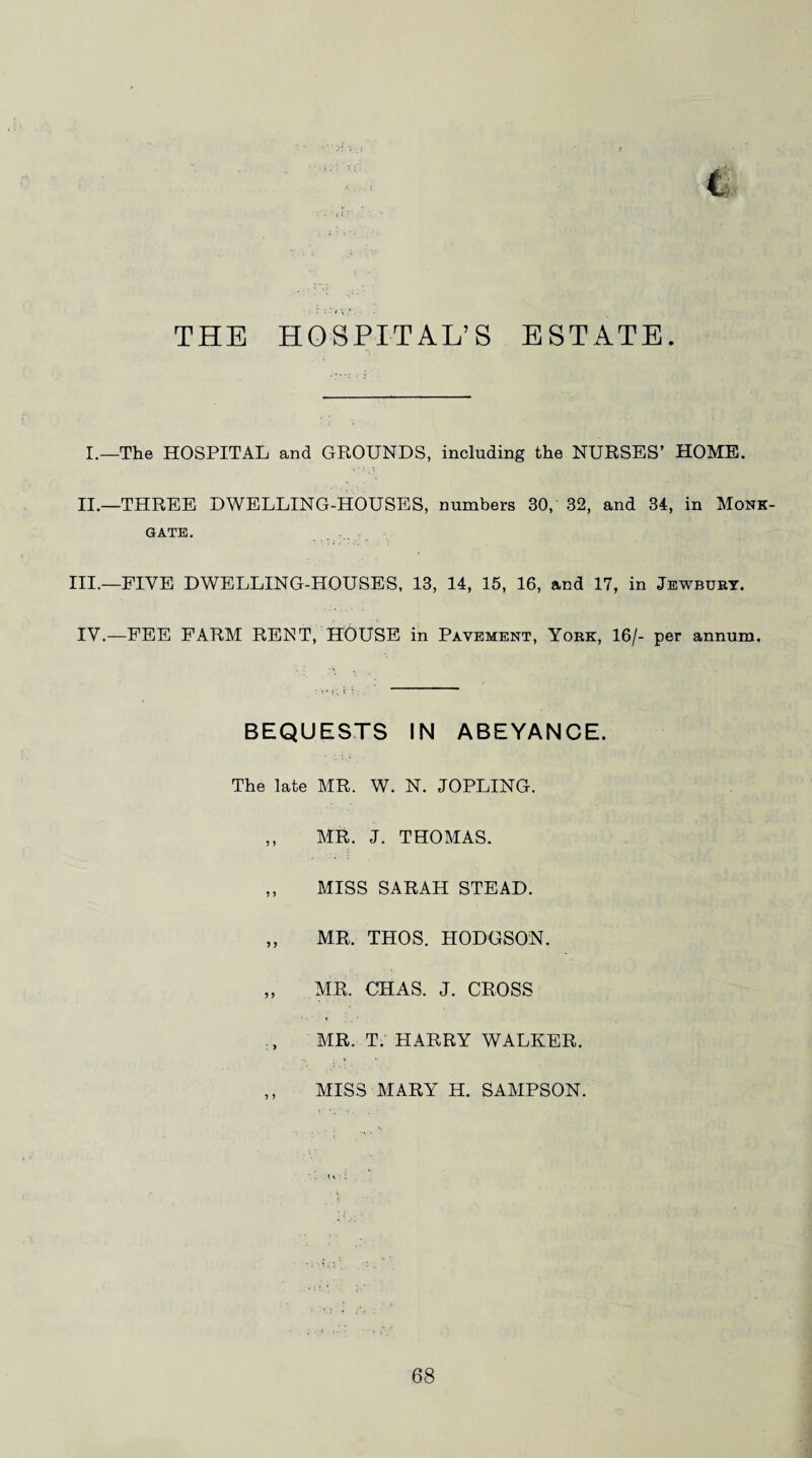THE HOSPITAL’S ESTATE. I.—The HOSPITAL and GROUNDS, including the NURSES’ HOME. II.—THREE DWELLING-HOUSES, numbers 30, 32, and 34, in Monk- gate. III.—FIVE DWELLING-HOUSES, 13, 14, 15, 16, and 17, in Jewbury. IV.—PEE FARM RENT, HOUSE in Pavement, York, 16/- per annum. BEQUESTS IN ABEYANCE. The late MR. W. N. JOPLING. ,, MR. J. THOMAS. ,, MISS SARAH STEAD. „ MR. THOS. HODGSON. „ MR. CHAS. J. CROSS MR. T. HARRY WALKER. ,, MISS MARY H. SAMPSON.