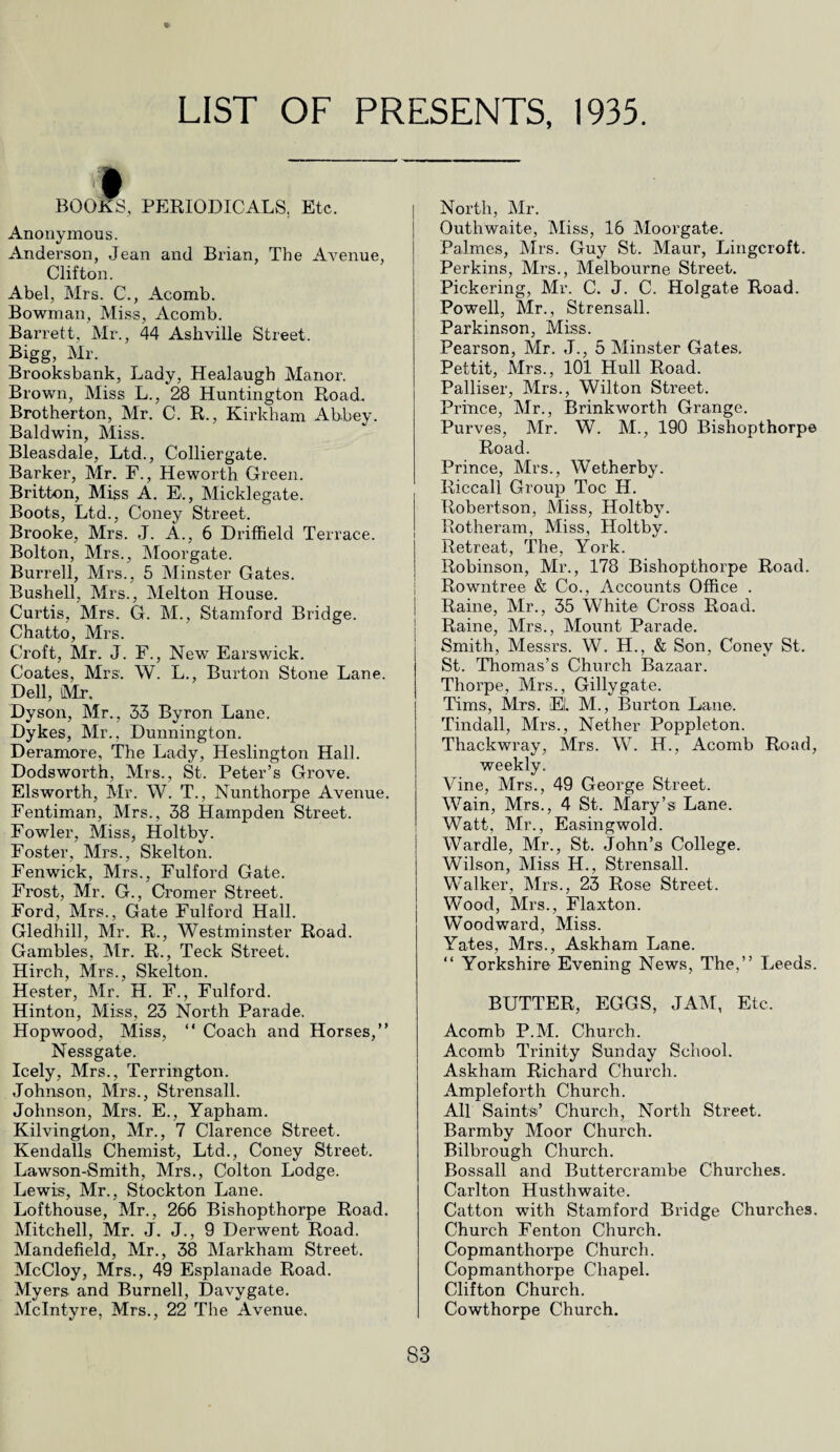 LIST OF PRESENTS, 1935. BOOKS, PERIODICALS. Etc. Anonymous. Anderson, Jean and Brian, The Avenue, Clifton. Abel, Mrs. C., Acomb. Bowman, Miss, Acomb. Barrett, Mr., 44 Ashville Street. Bigg, Mr. Brooksbank, Lady, Healaugb Manor. Brown, Miss L., 28 Huntington Road. Brotherton, Mr. C. R., Kirkham Abbey. Baldwin, Miss. Bleasdale, Ltd., Colliergate. Barker, Mr. F., Heworth Green. Britton, Miss A. E., Micklegate. Boots, Ltd., Coney Street. Brooke, Mrs. J. A., 6 Driffield Terrace. Bolton, Mrs., Moorgate. Burrell, Mrs., 5 Minster Gates. Bushell, Mrs., Melton House. Curtis, Mrs. G. M., Stamford Bridge. Chatto, Mrs. Croft, Mr. J. F., New Earswick. Coates, Mrs. W. L., Burton Stone Lane. Dell, Mr, Dyson, Mr., 33 Byron Lane. Dykes, Mr., Dunnington. Deramore, The Lady, Heslington Hall. Dodsworth, Mrs., St. Peter’s Grove. Elsworth, Mr. W. T., Nunthorpe Avenue. Fentiman, Mrs., 38 Hampden Street. Fowler, Miss, Holtby. Foster, Mrs., Skelton. Fenwick, Mrs., Fulford Gate. Frost, Mr. G., Cromer Street. Ford, Mrs., Gate Fulford Hall. Gledhill, Mr. R., Westminster Road. Gambles, Mr. R., Teck Street. Hirch, Mrs., Skelton. Hester, Mr. H. F., Fulford. Hinton, Miss, 23 North Parade. Hopwood, Miss, “ Coach and Horses,” Nessgate. Icely, Mrs., Terrington. Johnson, Mrs., Strensall. Johnson, Mrs. E., Yapham. Kilvington, Mr., 7 Clarence Street. Kendalls Chemist, Ltd., Coney Street. Lawson-Smith, Mrs., Colton Lodge. Lewis, Mr., Stockton Lane. Lofthouse, Mr., 266 Bishopthorpe Road. Mitchell, Mr. J. J., 9 Derwent Road. Mandefield, Mr., 38 Markham Street. McCloy, Mrs., 49 Esplanade Road. Myers and Burnell, Davygate. McIntyre, Mrs., 22 The Avenue. I i North, Mr. Outhwaite, Miss, 16 Moorgate. Palmes, Mrs. Guy St. Maur, Lingcroft. Perkins, Mrs., Melbourne Street. Pickering, Mr. C. J. C. Holgate Road. Powell, Mr., Strensall. Parkinson, Miss. Pearson, Mr. J., 5 Minster Gates. Pettit, Mrs., 101 Hull Road. Palliser, Mrs., Wilton Street. Prince, Mr., Brinkworth Grange. Purves, Mr. W. M., 190 Bishopthorpe Road. Prince, Mrs., Wetherby. Riccall Group Toe H. Robertson, Miss, Holtby. Rotheram, Miss, Holtby. Retreat, The, York. Robinson, Mr., 178 Bishopthorpe Road. Rowntree & Co., Accounts Office . Raine, Mr., 35 White Cross Road. Raine, Mrs., Mount Parade. Smith, Messrs. W. H., & Son, Coney St. St. Thomas’s Church Bazaar. Thorpe, Mrs., Gillygate. Tims, Mrs. El. M., Burton Lane. Tindall, Mrs., Nether Poppleton. Thackwray, Mrs. W. H., Acomb Road, weekly. Vine, Mrs., 49 George Street. Wain, Mrs., 4 St. Mary’s Lane. Watt, Mr., Easingwold. Wardle, Mr., St. John’s College. Wilson, Miss H., Strensall. Walker, Mrs., 23 Rose Street. Wood, Mrs., Flaxton. Woodward, Miss. Yates, Mrs., Askham Lane. “ Yorkshire Evening News, The,” Leeds. BUTTER, EGGS, JAM, Etc. Acomb P.M. Church. Acomb Trinity Sunday School. Askham Richard Church. Ampleforth Church. All Saints’ Church, North Street. Barmby Moor Church. Bilbrough Church. Bossall and Buttercrambe Churches. Carlton Husthwaite. Catton with Stamford Bridge Churches. Church Fenton Church. Copmanthorpe Church. Copmanthorpe Chapel. Clifton Church. Cowthorpe Church. S3