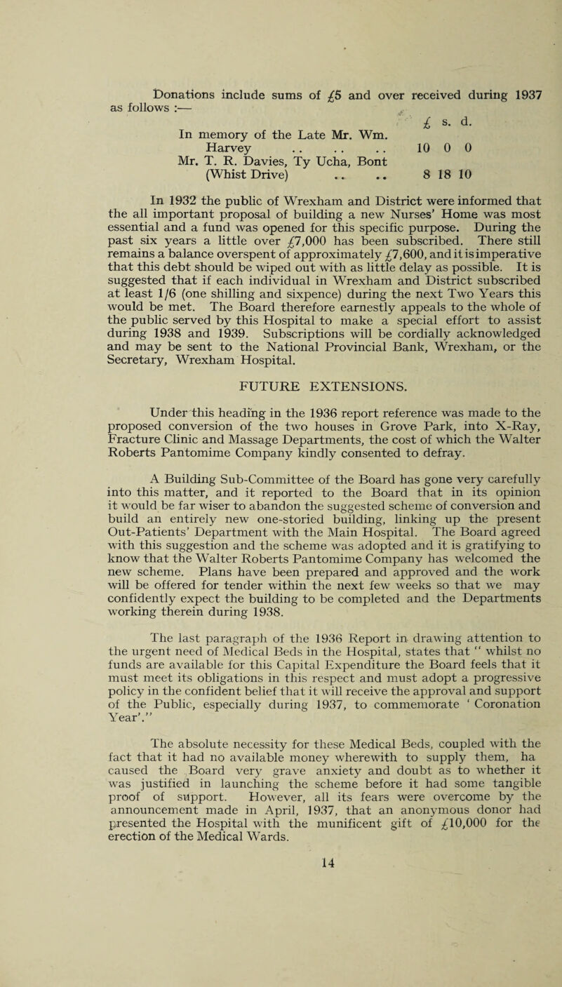Donations include sums of £5 and over received during 1937 as follows :— £ s. d. In memory of the Late Mr. Wm. Harvey .. . . .. 10 0 0 Mr. T. R. Davies, Ty Ucha, Bont (Whist Drive) .. .. 8 18 10 In 1932 the public of Wrexham and District were informed that the all important proposal of building a new Nurses’ Home was most essential and a fund was opened for this specific purpose. During the past six years a little over ^7,000 has been subscribed. There still remains a balance overspent of approximately ^7,600, and it is imperative that this debt should be wiped out with as little delay as possible. It is suggested that if each individual in Wrexham and District subscribed at least 1/6 (one shilling and sixpence) during the next Two Years this would be met. The Board therefore earnestly appeals to the whole of the public served by this Hospital to make a special effort to assist during 1938 and 1939. Subscriptions will be cordially acknowledged and may be sent to the National Provincial Bank, Wrexham, or the Secretary, Wrexham Hospital. FUTURE EXTENSIONS. Under this heading in the 1936 report reference was made to the proposed conversion of the two houses in Grove Park, into X-Ray, Fracture Clinic and Massage Departments, the cost of which the Walter Roberts Pantomime Company kindly consented to defray. A Building Sub-Committee of the Board has gone very carefully into this matter, and it reported to the Board that in its opinion it Avould be far wiser to abandon the suggested scheme of conversion and build an entirely new one-storied building, linking up the present Out-Patients’ Department with the Main Hospital. The Board agreed with this suggestion and the scheme was adopted and it is gratifying to know that the Walter Roberts Pantomime Company has welcomed the new scheme. Plans have been prepared and approved and the work will be offered for tender within the next few weeks so that we may confidently expect the building to be completed and the Departments working therein during 1938. The last paragraph of the 1936 Report in- drawing attention to the urgent need of Medical Beds in the Hospital, states that “ whilst no funds are available for this Capital Expenditure the Board feels that it must meet its obligations in this respect and must adopt a progressive policy in the confident belief that it will receive the approval and support of the Public, especially during 1937, to commemorate ‘ Coronation Year’.” The absolute necessity for these Medical Beds, coupled with the fact that it had no available money wherewith to supply them, ha caused the Board very grave anxiety and doubt as to whether it wras justified in launching the scheme before it had some tangible proof of support. However, all its fears were overcome by the announcement made in April, 1937, that an anonymous donor had presented the Hospital with the munificent gift of ^10,000 for the erection of the Medical Wards.