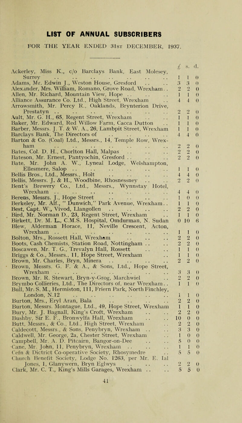 LIST OF ANNUAL SUBSCRIBERS FOR THE YEAR ENDED 31st DECEMBER, 1937. Ackerley, Miss K., c/o Barclays Bank, East Molesey, Surrey . . . . . . . . . . . . . . 1 x\dams, Mr, Edwin J., Weston House, Gresford . . . . 3 Alexander, Mrs. William, Romano, Grove Road, Wrexham. . 2 Allen, Mr. Richard, Mountain View, Hope . . . . . . 1 Alliance Assurance Co. Ltd., High Street, Wrexham . . 4 Arrowsmith, Mr. Percy R., Oaklands, Brynterion Drive, Prestatyn . . . . . . . . . . . . . . 2 Ault, Mr. G. H., 65, Regent Street, Wrexham . . . . 1 Baker, Mr. Edward, Red Willow Farm, Caeca Dutton . . 1 Barber, Messrs. J. T. & W. A., 26, Lambpit Street, Wrexham 1 Barclays Bank, The Directors of . . . . . . . . 4 Barton & Co. (Coal) Ltd., Messrs., 14, Temple Row, Wrex¬ ham . . . . . . . . . . . . . . 2 Bates, Col. D. H., Chorlton Hall, Malpas . . . . . . 2 Bateson, Mr. Ernest, Pantyochin, Gresford . . . . . . 2 Bate, Mr. John A. W., Lyneal Lodge, Welshampton, Ellesmere, Salop . . . . . . . . . . . . 1 Beilis Bros., Ltd., Messrs., Holt . . . . . . . . 4 Beilis, Messrs. J. & H., Woodbine, Rhosnessney . . . . 2 Bent’s Brewery Co., Ltd., Messrs., Wynnstay Hotel, Wrexham . . . . .. .. . . . . . . 4 Berens, Messrs. J., Hope Street . . . . .. . . 1 Berkeley, Mr. Alf., “ Dunwich,” Park Avenue, Wrexham. . 1 Best, Capt. W., Vivod, Llangollen . . . . . . . . 2 Bird, Mr. Norman D., 23, Regent Street, Wrexham . . 1 Birkett, Dr. M. L., C.M.S. Hospital, Omdurman, N. Sudan 0 Blew, Alderman Horace, 11, Neville Crescent, Acton, Wrexham . . . . . . . . . . . . . . 1 Bolton, Mrs., Rossett Hall, Wrexham . . . . . . 2 Boots, Cash Chemists, Station Road, Nottingham . . . . 2 Boscawen, Mr. T. G., Trevalyn Hall, Rossett . . . . 1 Briggs & Co., Messrs., 11, Hope Street, Wrexham . . 1 Brown, Mr. Charles, Bryn, Minera. . . . . . . . . 2 Brown, Messrs. G. F. & A., & Sons, Ltd., Hope Street, Wrexham . . . . . . . . . . . . . . 3 Brown, Mr. R. Stewart, Bryn-y-Grog, Marchwiel . . 2 Brymbo Collieries, Ltd., The Directors of, near Wrexham. . 1 Bull, Mr. S. M., Hermiston, 111, Friern Park, North Finchley, London, N.12 . . . . . . . . . . . . 1 Burton, Mrs., Eryl Aran, Bala . . . . . . . . 2 Burton, Messrs. Montague, Ltd., 49, Hope Street, Wrexham 1 Bury, Mr. J. Bagnall, King’s Croft, Wrexham . . . . 2 Bush by, Sir E. F., Bronwylfa Hall, Wrexham . . . . 10 Butt, Messrs., & Co., Ltd., High Street, Wrexham . . 2 Caldecott, Messrs., & Sons, Penybryn, Wrexham . . . . 3 Caldwell, Mr. George, 2a, Chester Street, Wrexham . . 1 Campbell, Mr. A. D. Pitcairn, Bangor-on-Dee . . . . 5 •Cane, Mr. John, 11, Penybryn, Wrexham . . . . . . 1 Cefn & Dictrict Co-operative Society, Rhosymedre . . 5 Church Benefit Society, Lodge No. 1263, per Mr. E. Tal Jones, 1, Glanywern, Bryn Eglwys . . . . . . 2 Clark, Mr. C. T., King’s Mills Garages, Wrexham . . . . 5 s. d. 1 0 3 0 2 0 1 0 4 0 2 0 1 0 1 0 1 0 4 0 2 0 2 0 2 0 1 0 4 0 2 0 4 0 0 0 1 0 2 0 1 0 10 6 1 0 2 0 2 0 1 0 1 0 2 0 3 0 2 0 1 0 1 0 2 0 1 0 2 0 0 0 2 0 3 0 0 0 0 0 1 0 5 0 2 0 5 0