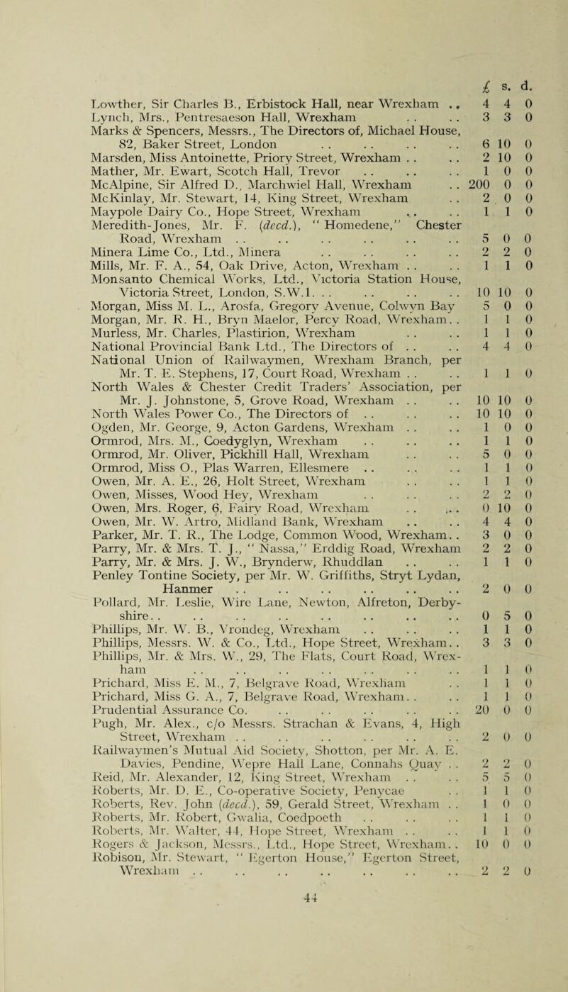 Lowther, Sir Charles B., Erbistock Hall, near Wrexham ., Lynch, Mrs., Pentresaeson Hall, Wrexham Marks & Spencers, Messrs., The Directors of, Michael House, 82, Baker Street, London Marsden, Miss Antoinette, Priory Street, Wrexham Mather, Mr. Ewart, Scotch Hall, Trevor Me Alpine, Sir Alfred D., Marchwiel Hall, Wrexham McKinlay, Mr. Stewart, 14, King Street, Wrexham Maypole Dairy Co., Hope Street, Wrexham Meredith-Jones, Mr. F. {deed.), “ Homedene,” Chester Road, Wrexham Minera Lime Co., Ltd., Minera Mills, Mr. F. A., 54, Oak Drive, Acton, Wrexham Monsanto Chemical Works, Ltd., Victoria Station House, Victoria Street, London, S.W.l. Morgan, Miss M. L., Arosfa, Gregory Avenue, Colwvn Bay Morgan, Mr. R. H., Bryn Maelor, Percy Road, Wrexham. . Murless, Mr. Charles, Plastirion, Wrexham National Provincial Bank Ltd., The Directors of . . National Union of Railwaymen, Wrexham Branch, per Mr. T. E. Stephens, 17, Court Road, Wrexham North Wales & Chester Credit Traders’ Association, per Mr. J. Johnstone, 5, Grove Road, Wrexham North Wales Power Co., The Directors of Ogden, Mr. George, 9, Acton Gardens, Wrexham Ormrod, Mrs. M., Coedyglyn, Wrexham Ormrod, Mr. Oliver, Pickhill Hall, Wrexham Ormrod, Miss O., Plas Warren, Ellesmere Owen, Mr. A. E., 26, Holt Street, Wrexham Owen, Misses, Wood Hey, Wrexham Owen, Mrs. Roger, 6, Fairy Road, Wrexham Owen, Mr. W. Artro, Midland Bank, Wrexham Parker, Mr. T. R., The Lodge, Common Wood, Wrexham. . Parry, Mr. & Mrs. T. J., “ Nassa,” Erddig Road, Wrexham Parry, Mr. & Mrs. J. W., Brynderw, Rhuddlan Penley Tontine Society, per Mr. W. Griffiths, Stryt Lydan, Hanmer Pollard, Mr. Leslie, Wire Lane, Newton, Alfreton, Derby¬ shire Phillips, Mr. W. B., Vrondeg, Wrexham Phillips, Messrs. W. & Co., Ltd., Hope Street, Wrexham. . Phillips, Mr. & Mrs. W., 29, The Flats, Court Road, Wrex¬ ham Prichard, Miss E. M., 7, Belgrave Road, Wrexham Prichard, Miss G. A., 7, Belgrave Road, Wrexham. . Prudential Assurance Co. Pugh, Mr. Alex., c/o Messrs. Strachan & Evans, 4, High Street, WTexham Railwaymen’s Mutual Aid Society, Shotton, per Mr. A. E. Davies, Pendine, Wepre Hall Lane, Connahs Quay . . Reid, Mr. Alexander, 12, King Street, WTexham Roberts, Mr. D. E., Co-operative Society, Penycae Roberts, Rev. John {deed.), 59, Gerald Street, WTexham . . Roberts, Mr. Robert, Gwalia, Coedpoeth Roberts, Mr. Walter, 44, Hope Street, Wrexham Rogers & Jackson, Messrs., Ltd., Hope Street, Wrexham. . Robison, Mr. Stewart, “ Egerton House,” Egerton Street, Wrexham 4 3 6 2 1 200 2 1 5 2 1 10 5 1 1 4 1 10 10 1 1 5 1 1 2 0 4 3 2 1 2 0 1 3 1 1 1 20 2 2 5 1 1 1 1 10 2 4 3 10 10 0 0 0 1 0 2 1 10 0 1 1 4 1 10 10 0 1 0 1 1 9 10 4 0 2 1 0 5 1 3 1 1 1 0 0 2 5 1 0 1 1 0 9 0 0 0 0 0 0 0 0 0 0 0 0 0 0 0 0 0 0 0 0 0 0 0 0 0 0 0 0 0 0 0 0 0 0 0 0 0 0 0 0 0 0 0 0 0 0 0