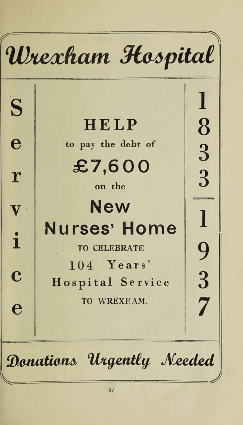 f V Uhexflai ti 9io>pital S 1 HELP 8 e to pay the debt of £7,600 8 r on the 3 v New 1 • Nurses’ Home 1 TO CELEBRATE 104 Years’ 9 c Hospital Service 3 e TO WREXHAM. 7 &anatian& ‘Wcaeattu jVeeded V. - _ j