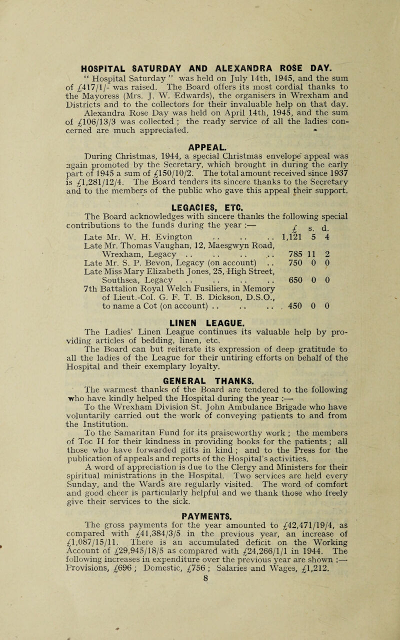 HOSPITAL SATURDAY AND ALEXANDRA ROSE DAY. “ Hospital Saturday ” was held on July 14th, 1945, and the sum of ^417/1/- was raised. The Board offers its most cordial thanks to the Mayoress (Mrs. J. W. Edwards), the organisers in Wrexham and Districts and to the collectors for their invaluable help on that day. Alexandra Rose Day was held on April 14th, 1945, and the sum of ^106/13/3 was collected ; the ready service of all the ladies con¬ cerned are much appreciated. APPEAL. During Christmas, 1944, a special Christmas envelope' appeal was again promoted by the Secretary, which brought in during the early part of 1945 a sum of ^150/10/2. The total amount received since 1937 is ^1,281/12/4. The Board tenders its sincere thanks to the Secretary and to the members of the public who gave this appeal their support. LEGACIES, ETC. The Board acknowledges with sincere thanks the following special contributions to the funds during the year :— £ s d Late Mr. W. H. Evington . . . . . . 1,121 5 4 Late Mr. Thomas Vaughan, 12, Maesgwyn Road, Wrexham, Legacy .. .. .. ... 785 11 2 Late Mr. S. P. Bevon, Legacy (on account) . . 750 0 0 Late Miss Mary Elizabeth Jones, 25, High Street, Southsea, Legacy . . . . . . . . 650 0 0 7th Battalion Royal Welch Lusiliers, in Memory of Lieut.-Col. G. L. T. B. Dickson, D.S.O., to name a Cot (on account) . . . . ... 450 0 0 LINEN LEAGUE. The Ladies’ Linen League continues its valuable help by pro¬ viding articles of bedding, linen, etc. The Board can but reiterate its expression of deep gratitude to all the ladies of the League for their untiring efforts on behalf of the Hospital and their exemplary loyalty. GENERAL THANKS. The warmest thanks of the Board are tendered to the following who have kindly helped the Hospital during the year :— To the Wrexham Division St. John Ambulance Brigade who have voluntarily carried out the work of conveying patients to and from the Institution. To the Samaritan Lund for its praiseworthy work ; the members of Toe H for their kindness in providing books for the patients ; all those who have forwarded gifts in kind ; and to the Press for the publication of appeals and reports of the Hospital’s activities. A word of appreciation is due to the Clergy and Ministers for their spiritual ministrations in the Hospital. Two services are held every Sunday, and the Wards are regularly visited. The word of comfort and good cheer is particularly helpful and we thank those who freely give their services to the sick. PAYMENTS. The gross payments for the year amounted to ^42,471/19/4, as compared with ^41,384/3/5 in the previous year, an increase of ^1,087/15/11. There is an accumulated deficit on the Working Account of ^29,945/18/5 as compared with ^24,266/1/1 in 1944. The following increases in expenditure over the previous year are shown :—- Provisions, ^696 ; Domestic, £756 ; Salaries and Wages, ^1,212.