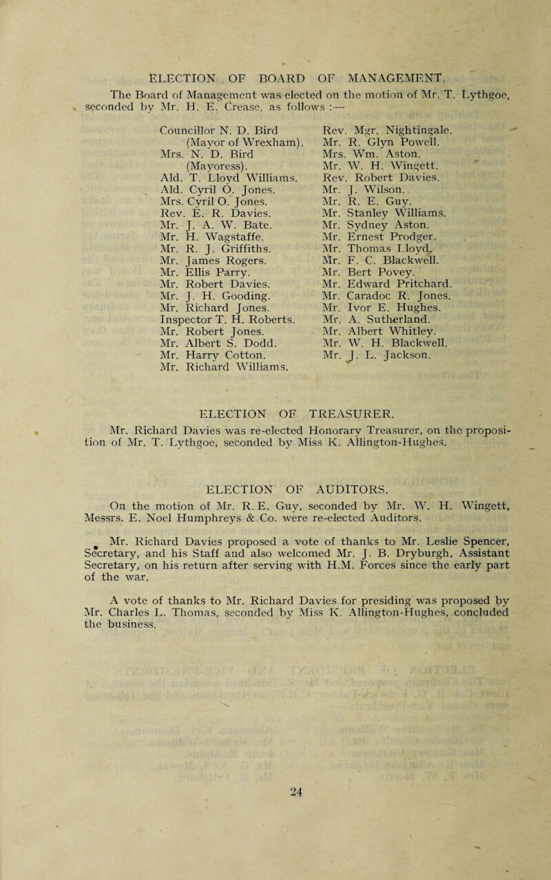 ELECTION OF BOARD OE MANAGEMENT. The Board of Management was elected on the motion of Mr. T. Lythgoe, « seconded by Mr. H. E. Crease, as follows : — Councillor N. D. Bird (Mayor of Wrexham). Mrs. N. D. Bird (Mayoress). Aid. T. Lloyd Williams. Aid. Cyril 6. Jones. Mrs. Cyril O. Jones. Rev. E. R. Davies. Mr. J. A. W. Bate. Mr. H. Wagstaffe. Mr. R. J. Griffiths. Mr. James Rogers. Mr. Ellis Parry. Mr. Robert Davies. Mr. J. H. Gooding. Mr. Richard Jones. Inspector T. H. Roberts. Mr. Robert Jones. Mr. Albert S. Dodd. Mr. Harry Cotton. Mr. Richard Williams. Rev. Mgr. Nightingale. Mr. R. Glyn Powell. Mrs. Wm. Aston. Mr. W. H. Wingett. Rev. Robert Davies. Mr. J. Wilson. Mr. R. E. Guy. Mr. Stanley Williams. Mr. Sydney Aston. Mr. Ernest Prodger. Mr. Thomas Lloyd. Mr. F. C. Blackwell. Mr. Bert Povey. Mr. Edward Pritchard. Mr. Caradoc R. Jones. Mr. Ivor E. Hughes. Mr. A. Sutherland. Mr. Albert Whitley. Mr. W. H. Blackwell. Mr. J. L. Jackson. ELECTION OF TREASURER. Mr. Richard Davies was re-elected Honorary Treasurer, on the proposi¬ tion of Mr. T. Lythgoe, seconded by Miss Iv. Allington-Hughes. ELECTION OF AUDITORS. On the motion of Mr. R. E. Guy, seconded by Mr. W. H. Wingett, Messrs. E. Noel Humphreys & Co. were re-elected Auditors. Mr. Richard Davies proposed a vote of thanks to Mr. Leslie Spencer, Secretary, and his Staff and also welcomed Mr. J. B. Dryburgh, Assistant Secretary, on his return after serving with H.M. Forces since the early part of the war. A vote of thanks to Mr. Richard Davies for presiding'was proposed by Mr. Charles L. Thomas, seconded by Miss K. Allington-Hughes, concluded the business.