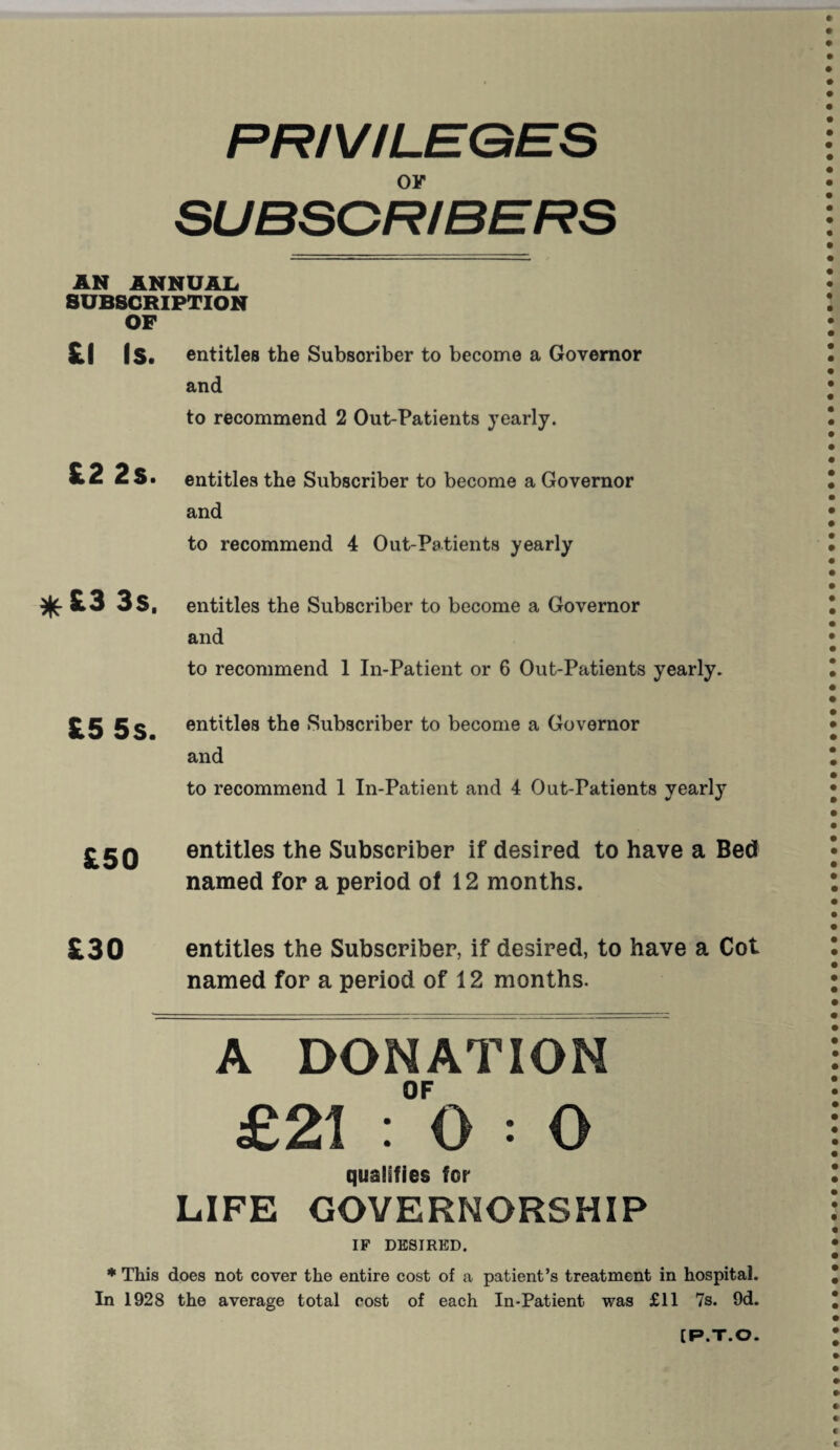 PRIVILEGES OF AN ANNUAL SUBSCRIPTION OF £1 Is. entitles the Subscriber to become a Governor and to recommend 2 Out-Patients yearly. £2 2s. entitles the Subscriber to become a Governor and to recommend 4 Out-Patients yearly *£3 3s. entitles the Subscriber to become a Governor and to recommend 1 In-Patient or 6 Out-Patients yearly. £5 5s. entitles the Subscriber to become a Governor and to recommend 1 In-Patient and 4 Out-Patients yearly £50 entitles the Subscriber if desired to have a Bed named for a period of 12 months. £30 entitles the Subscriber, if desired, to have a Cot named for a period of 12 months. A DONATION OF £21 : O ; O qualifies for LIFE GOVERNORSHIP IF DESIRED. * This does not cover the entire cost of a patient’s treatment in hospital. In 1928 the average total cost of each In-Patient was £11 7s. 9d. [P.T.O.