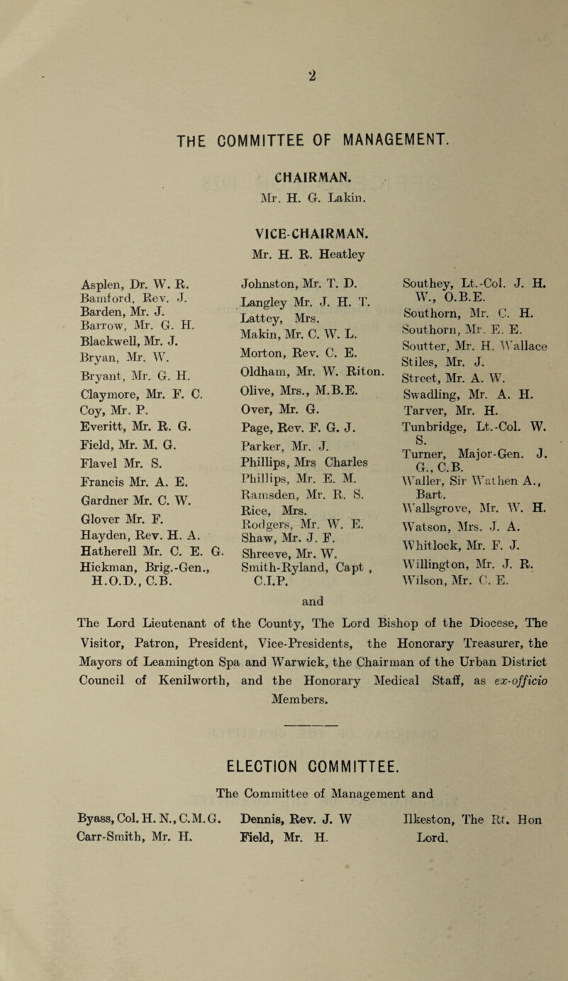 THE COMMITTEE OF MANAGEMENT. Asplen, Dr. W. R. Bamford, Rev. J. Barden, Mr. J. Barrow, Mr. G. H. Blackwell, Mr. J. Bryan, Mr. W. Bryant, Mr. G. H. Claymore, Mr. F. C. Coy, Mr. P. Everitt, Mr. R. G. Field, Mr. M. G. Flavel Mr. S. Francis Mr. A. E. Gardner Mr. C. W. Glover Mr. F. Hayden, Rev. H. A. Hatherell Mr. C. E. G. Hickman, Brig.-Gen., H.O.D., C.B. CHAIRMAN. Mr. H. G. Lakin. VICE CHAIRMAN. Mr. H. R. Heatley Johnston, Mr. T. D. Langley Mr. J. H. T. Lattey, Mrs. Makin, Mr. C. W. L. Morton, Rev. C. E. Oldham, Mr. W. Riton. Olive, Mrs., M.B.E. Over, Mr. G. Page, Rev. F. G. J. Parker, Mr. J. Phillips, Mrs Charles Phillips, Mr. E. M. Ramsden, Mr. R. S. Rice, Mrs. Rodgers, Mr. W. E. Shaw, Mr. J. F. Shreeve, Mr. W. Smith-Ryland, Capt , C.I.P. Southey, Lt.-Col. J. H. W., O.B.E. Southorn, Mr. C. H. Southern, Mr. E. E. Soutter, Mr. H. Wallace Stiles, Mr. J. Street, Mr. A. W. Swadling, Mr. A. H. Tarver, Mr. H. Tunbridge, Lt. -Col. W. S. Turner, Major-Gen. J. G., C.B. Waller, Sir Wat hen A., Bart. Wallsgrove, Mr. W. H. Watson, Mrs. J. A. Whitlock, Mr. F. J. Willington, Mr. J. R. Wilson, Mr. C. E. and The Lord Lieutenant of the County, The Lord Bishop of the Diocese, The Visitor, Patron, President, Vice-Presidents, the Honorary Treasurer, the Mayors of Leamington Spa and Warwick, the Chairman of the Urban District Council of Kenilworth, and the Honorary Medical Staff, as ex-officio Members. ELECTION COMMITTEE. The Committee of Management and Byass, Col. H. N., C.M.G. Dennis, Rev. J. W Ilkeston, The Rt. Hon Carr-Smith, Mr. H. Field, Mr. H. Lord.