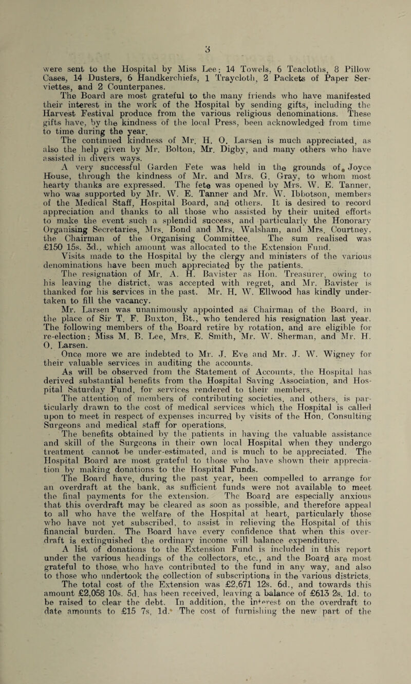 were sent to the Hospital by Miss Lee; 14 Towels, 6 Teacloths 8 Pillow Cases, 14 Dusters, 6 Handkerchiefs, 1 Traycloth, 2 Packets of Paper Ser¬ viettes, and 2 Counterpanes. The Board are most grateful to the many friends who have manifested their interest in the work of the Hospital by sending gifts, including the Harvest Festival produce from the various religious denominations. These gifts have, by the kindness of the local Press, been acknowledged from time to time during the year. The continued kindness of Mr. H. 0. Larsen is much appreciated, as also the help given by Mr. Bolton, Mr. Digby, and many others who have assisted in divers ways. A very successful Carden Fete was held in the grounds of, Joyce House, through the kindness of Mr. and Mrs. G. Gray, to whom most hearty thanks are expressed. The fete was opened by Mrs. W. E. Tanner, who was supported by Mr. W. E. Tanner and Mr. W. Ibbotson, members of the Medical Staff, Hospital Board, and others. It is desired to record appreciation and thanks to all those who assisted by their united efforts to make the event such a splendid success, and particularly the Honorary Organising Secretaries, Mrs. Bond and Mrs. Walsham, and Mrs. Courtney, the Chairman of the Organising Committee. The sum realised was £150 15s. 3d., which amount was allocated to the Extension Fund. Visits made to the Hospital by the clergy and ministers of the various denominations have been much appreciated by the patients. The resignation of Mr. A. H. Bavister as Hon. Treasurer, owing to his leaving the district, was accepted with regret, and Mr. Bavister is thanked for his services in the past. Mr. H. W. Ellwood has kindly under¬ taken to fill the vacancy. Mr. Larsen was unanimously appointed as Chairman of the Board, in the place of Sir T. F. Buxton, Bt., who tendered his resignation last year. The following members of the Board retire by rotation, and are eligible for re-election: Miss M. B. Lee, Mrs. E. Smith, Mr. W. Sherman, and Mr. H. 0. Larsen. Once more we are indebted to Mr. J. Eve and Mr. J. W. Wignev for their valuable services in auditing the accounts. As will be observed from the Statement of Accounts, the Hospital has derived substantial benefits from the Hospital Saving Association, and Hos¬ pital Saturday Fund, for services rendered to their members. The attention of members of contributing societies, and others, is par¬ ticularly drawn to the cost of medical services which the Hospital is called upon to meet in respect of expenses incurred by visits of the Hon. Consulting Surgeons and medical staff for operations. The benefits obtained by the patients in having the valuable assistance and skill of the Surgeons in their own local Hospital when they undergo treatment cannot be under-estimated, and is much to be appreciated. The Hospital Board are most grateful to those who have shown their apprecia¬ tion by making donations to the Hospital Funds. The Board have, during the past year, been compelled to arrange for an overdraft at the bank, as sufficient funds were not available to meet the final payments for the extension. The Board are especially anxious that this overdraft may be cleared as soon as possible, and therefore appeal to all who have the welfare of the Hospital at heart, particularly those who have not yet subscribed, to assist in relieving the Hospital of this financial burden. The Board have every confidence that when this over¬ draft is extinguished the ordinary income will balance expenditure. A list of donations to the Extension Fund is included in this report under the various headings of the collectors, etc., and the Board are most grateful to those who have contributed to the fund in any way, and also to those who undertook the collection of subscriptions in the various districts. The total cost of the Extension was £2.671 12s. 6d., and towards this amount £2,058 10s. 5d. has been received, leaving a balance of £613 2s. Id. to be raised to clear the debt. In addition, the in+prest on the overdraft to date amounts to £15 7s, Id* The cost of furnishing the new part of the