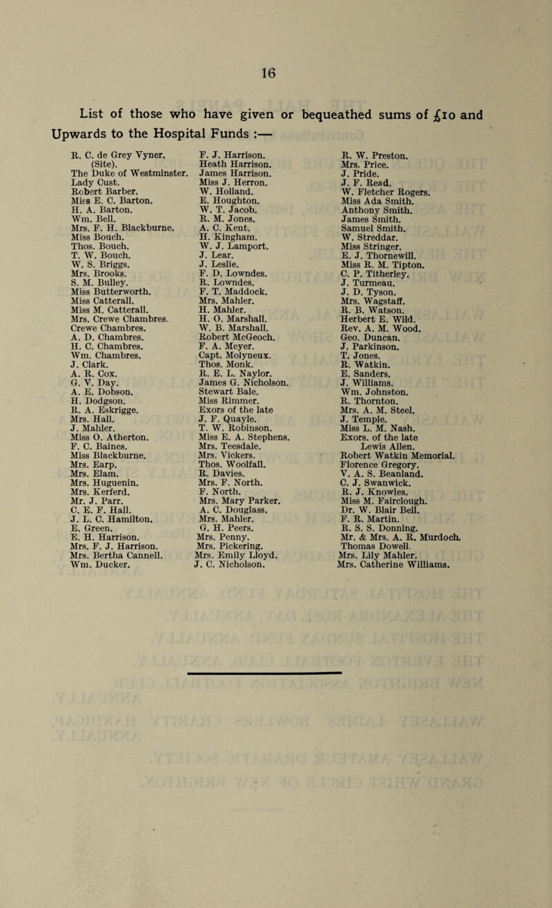 List of those who have given or bequeathed sums of £10 and Upwards to the Hospital Funds :— R. C. de Grey Vyner. F. J. Harrison. R. W. Preston. (Site). Heath Harrison. Mrs. Price. The Duke of Westminster. James Harrison. J. Pride. Lady Cust. Miss J. Herron. J. F. Read. Robert Barber. W. Holland. W. Fletcher Rogers. Miss E. C. Barton. E. Houghton. Miss Ada Smith. H. A. Barton. W. T. Jacob. Anthony Smith. Wm. Bell. R. M. Jones. James Smith. Mrs. F. H. Blackburne. A. C. Kent. Samuel Smith. Miss Bouch. H. Kingham. W. Streddar. Thos. Bouch. W. J. Lamport. Miss Stringer. T. W. Bouch. J. Lear. E. J. Thornewill. W. S. Briggs. J. Leslie. Miss R. M. Tipton. Mrs. Brooks. F. D. Lowndes. C. P. Titherley. S. M. Bulley. R. Lowndes. J. Turmeau. Miss Butterworth. F. T. Maddock. J. D. Tyson. Miss Catterall. Mrs. Mahler. Mrs. Wagstaff. Miss M. Catterall. H. Mahler. R. B. Watson. Mrs. Crewe Chambres. H. 0. Marshall. Herbert E. Wild. Crewe Chambres. W. B. Marshall. Rev. A. M. Wood. A. D. Chambres. Robert McGeoch. Geo. Duncan. H. C. Chambres. F. A. Meyer. J. Parkinson. Wm. Chambres. Capt. Molyneux. T. Jones. J. Clark. Thos. Monk. R. Watkin. A. R. Cox. R. E. L. Naylor. E. Sanders. G. V. Day. James G. Nicholson. J. Williams. A. E. Dobson. Stewart Bale. Wm. Johnston. H. Dodgson. Miss Rimmer. R. Thornton. R. A. Eskrigge. Exors of the late Mrs. A. M. Steel. Mrs. Hall. J. F. Quayle. J. Temple. J. Mahler. T. W. Robinson. Miss L. M. Nash. Miss 0. Atherton. Miss E. A. Stephens. Exors. of the late F. C. Baines. Mrs. Teesdale. Lewis Allen. Miss Blackburne. Mrs. Vickers. Robert Watkin Memorial. Mrs. Earp. Thos. Woolf all. Florence Gregory. Mrs. Elam. R. Davies. V. A. S. Beanland. Mrs. Huguenin. Mrs. F. North. C. J. Swanwick. Mrs. Kerferd. F. North. R. J. Knowles. Mr. J. Parr. Mrs. Mary Parker. Miss M. Fairclough. C. E. F. Hall. A. C. Douglass. Dr. W. Blair Bell. J. L. C. Hamilton. Mrs. Mahler. F. R. Martin. E. Green. G. H. Peers. R. S. S. Donning. E. H. Harrison. Mrs. Penny. Mr. & Mrs. A. R. Murdoch. Mrs. F. J. Harrison. Mrs. Pickering. Thomas Dowell. Mrs. Bertha Canned. Mrs. Emily Lloyd. Mrs. Lily Mahler. Wm. Ducker. J. C. Nicholson. Mrs. Catherine Williams.