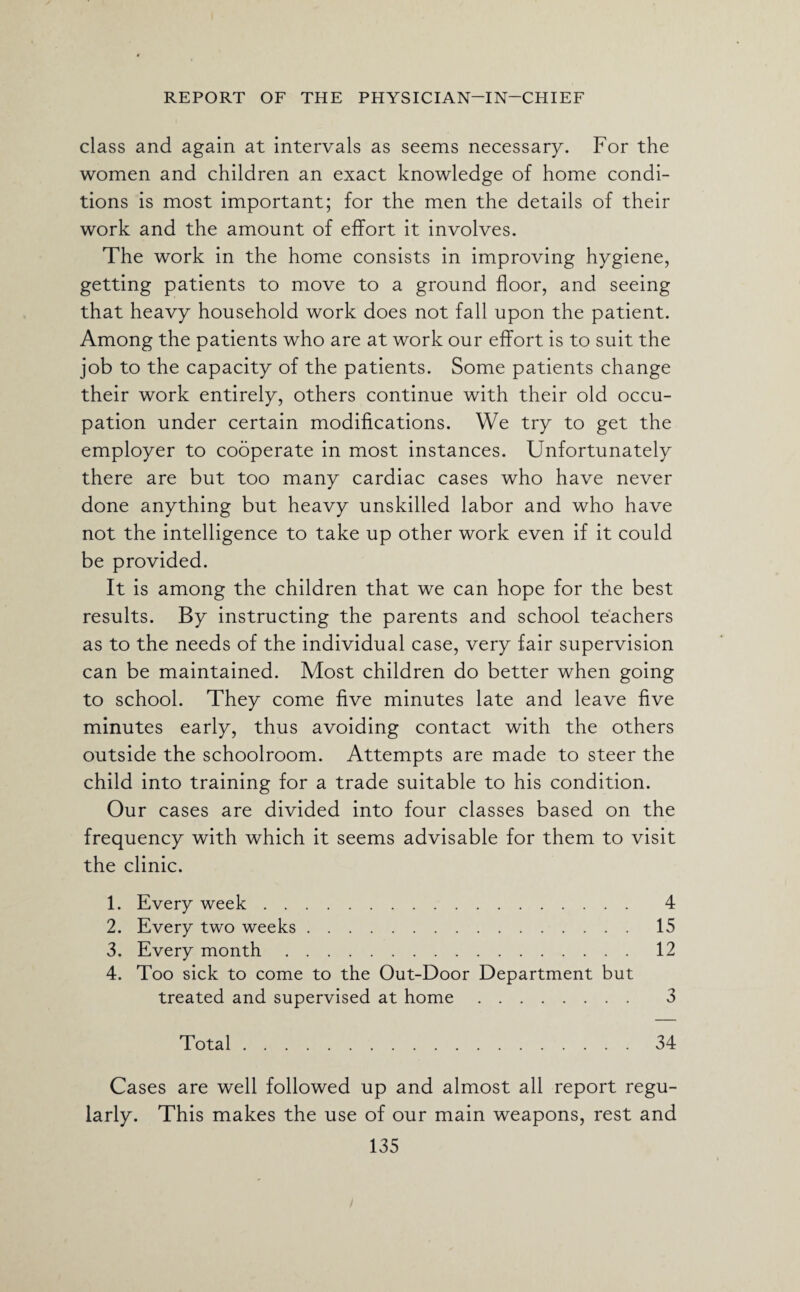 class and again at intervals as seems necessary. For the women and children an exact knowledge of home condi¬ tions is most important; for the men the details of their work and the amount of effort it involves. The work in the home consists in improving hygiene, getting patients to move to a ground floor, and seeing that heavy household work does not fall upon the patient. Among the patients who are at work our effort is to suit the job to the capacity of the patients. Some patients change their work entirely, others continue with their old occu¬ pation under certain modifications. We try to get the employer to cooperate in most instances. Unfortunately there are but too many cardiac cases who have never done anything but heavy unskilled labor and who have not the intelligence to take up other work even if it could be provided. It is among the children that we can hope for the best results. By instructing the parents and school teachers as to the needs of the individual case, very fair supervision can be maintained. Most children do better when going to school. They come five minutes late and leave five minutes early, thus avoiding contact with the others outside the schoolroom. Attempts are made to steer the child into training for a trade suitable to his condition. Our cases are divided into four classes based on the frequency with which it seems advisable for them to visit the clinic. 1. Every week. 4 2. Every two weeks. 15 3. Every month. 12 4. Too sick to come to the Out-Door Department but treated and supervised at home. 3 Total.34 Cases are well followed up and almost all report regu¬ larly. This makes the use of our main weapons, rest and