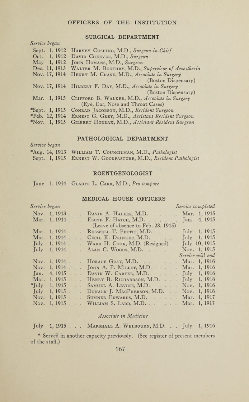 Service began Sept. 1, 1912 Oct. 1, 1912 May 1, 1912 Dec. 11, 1913 Nov. 17, 1914 Nov. 17, 1914 Mar. 1, 1915 *Sept. 1, 1915 *Feb. 12, 1914 *Nov. 1, 1915 Service beg an *Aug. 14, 1913 Sept. 1, 1915 June 1, 1914 Service began Nov. 1, 1913 Mar. 1, 1914 Mar. 1, 1914 Mar. 1, 1914 July 1, 1914 July 1, 1914 Nov. 1, 1914 Nov. 1, 1914 Jan. 4, 1915 Mar. 1, 1915 *July 1, 1915 July 1, 1915 Nov. 1, 1915 Nov. 1, 1915 July 1, 1915 SURGICAL DEPARTMENT Harvey Cushing, M.D., Surgeon-in-Chief David Cheever, M.D., Surgeon John Homans, M.D., Surgeon Walter M. Boothby, M.D., Supervisor of Ancesthesia Henry M. Chase, M.D., Associate in Surgery (Boston Dispensary) Hilbert F. Day, M.D., Associate in Surgery (Boston Dispensary) Clifford B. Walker, M.D., Associate in Surgery (Eye, Ear, Nose and Throat Cases) Conrad Jacobson, M.D., Resident Surgeon Ernest G. Grey, M.D., Assistant Resident Surgeon Gilbert Horrax, M.D., Assistant Resident Surgeon PATHOLOGICAL DEPARTMENT William T. Councilman, M.D., Pathologist Ernest W. Goodpasture, M.D., Resident Pathologist ROENTGENOLOGIST Gladys L. Carr, M.D., Pro tempore MEDICAL HOUSE OFFICERS Service completed . . David A. Haller, M.D.Mar. 1, 1915 . . Floyd F. Hatch, M.D.Jan. 4, 1915 (Leave of absence to Feb. 28, 1915) . . Roswell T. Pettit, M.D.July 1, 1915 . . Cecil K. Drinker, M.D.July 1, 1915 . . Ward H. Cook, M.D. (Resigned) . July 10, 1915 . . Alan C. Woods, M.D.Nov. 1, 1915 Service will end . . Horace Gray, M.D.Mar. 1, 1916 . . John A. P. Millet, M.D.Mar. 1, 1916 . . David W. Carter, M.D.July 1, 1916 . . Henry B. Richardson, M.D. . . . July 1, 1916 . . Samuel A. Levine, M.D.Nov. 1, 1916 . . Donald J. MacPherson, M.D. . . Nov. 1, 1916 . . Sumner Edwards, M.D.Mar. 1, 1917 . . William S. Ladd, M.D.Mar. 1, 1917 Associate in Medicine Marshall A. Welbourn, M.D. . . July 1, 1916 * Served in another capacity previously. (See register of present members of the staff.)