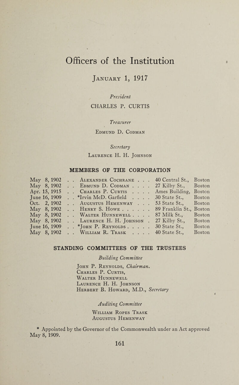 Officers of the Institution January 1, 1917 President CHARLES P. CURTIS Treasurer Edmund D. Codman Secretary Laurence H. H. Johnson MEMBERS OF THE CORPORATION May 8, 1902 . . Alexander Cochrane ... 40 Central St., Boston May 8, 1902 . . Edmund D. Codman .... 27 Kilby St., Boston Apr. 15, 1915 . . Charles P. Curtis .... Ames Building, Boston June 16, 1909 . . *Irvin McD. Garfield .... 30 State St., Boston Oct. 2, 1902 . . Augustus Hemenway ... 53 State St., Boston May 8, 1902 . . Henry S. Howe.89 Franklin St., Boston May 8, 1902 . . Walter Hunnewell .... 87 Milk St., Boston May 8, 1902 . . Laurence H. H. Johnson . 27 Kilby St., Boston June 16, 1909 . . *John P. Reynolds.30 State St., Boston May 8, 1902 . . William R. Trask .... 40 State St., Boston STANDING COMMITTEES OF THE TRUSTEES Building Committee John P. Reynolds, Chairman. Charles P. Curtis, Walter Hunnewell Laurence H. H. Johnson Herbert B. Howard, M.D., Secretary Auditing Committee William Ropes Trask Augustus Hemenway * Appointed by the Governor of the Commonwealth under an Act approved May 8, 1909.