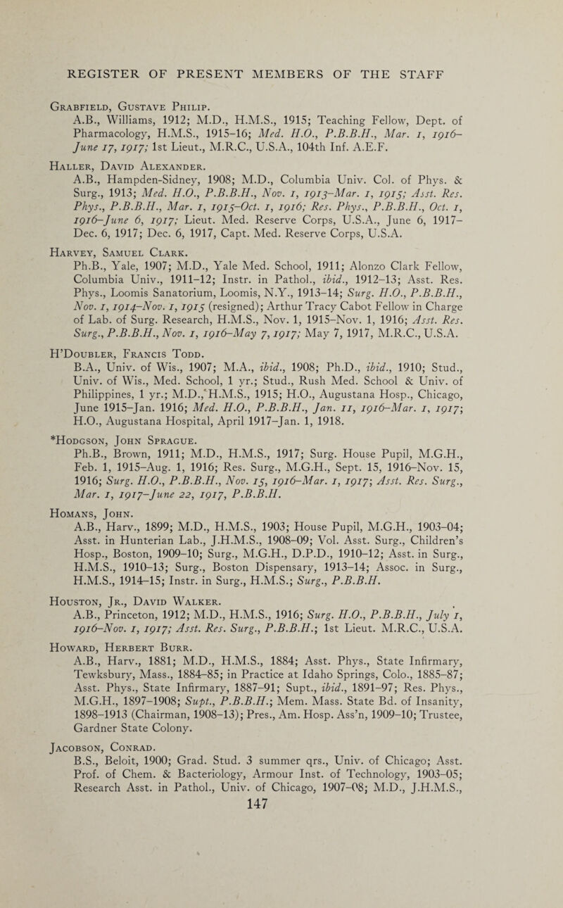 Grabfield, Gustave Philip. A.B., Williams, 1912; M.D., 1915; Teaching Fellow, Dept, of Pharmacology, H.M.S., 1915-16; Med. H.O., P.B.B.H., Mar. i, 1916- June jy, 1917; 1st Lieut., M.R.C., U.S.A., 104th Inf. A.E.F. Haller, David Alexander. A. B., Hampden-Sidney, 1908; M.D., Columbia Univ. Col. of Phys. & Surg., 1913; Med. H.O., P.B.B.H., Nov. i, 1913-Mar. 1, 1915; Asst. Res. Phys., P.B.B.H., Mar. 1, 1915-Oct. 1, 1916; Res. Phys., P.B.B.H., Oct. 1, 1916-June 6, 1917; Lieut. Med. Reserve Corps, U.S.A., June 6, 1917- Dec. 6, 1917; Dec. 6, 1917, Capt. Med. Reserve Corps, U.S.A. Harvey, Samuel Clark. Ph.B., Yale, 1907; M.D., Yale Med. School, 1911; Alonzo Clark Fellow, Columbia Univ., 1911-12; Instr. in Pathol., ibid., 1912-13; Asst. Res. Phys., Loomis Sanatorium, Loomis, N.Y., 1913-14; Surg. H.O., P.B.B.H., Nov. 1,1914-Nov. 1, 1915 (resigned); Arthur Tracy Cabot Fellow in Charge of Lab. of Surg. Research, H.M.S., Nov. 1, 1915-Nov. 1, 1916; Asst. Res. Surg., P.B.B.H., Nov. 1, 1916-May 7,1917; May 7, 1917, M.R.C., U.S.A. H’Doubler, Francis Todd. B. A., Univ. of Wis., 1907; M.A., ibid., 1908; Ph.D., ibid., 1910; Stud., Univ. of Wis., Med. School, 1 yr.; Stud., Rush Med. School & Univ. of Philippines, 1 yr.; M.D.,'H.M.S., 1915; H.O., Augustana Hosp., Chicago, June 1915-Jan. 1916; Med. H.O., P.B.B.H., Jan. 11, 1916-Mar. 1, 1917; H.O., Augustana Hospital, April 1917-Jan. 1, 1918. *Hodgson, John Sprague. Ph.B., Brown, 1911; M.D., H.M.S., 1917; Surg. House Pupil, M.G.H., Feb. 1, 1915-Aug. 1, 1916; Res. Surg., M.G.H., Sept. 15, 1916-Nov. 15, 1916; Surg. H.O., P.B.B.H., Nov. 13, 1916-Mar. 1, 1917', Asst. Res. Surg., Mar. 1, 1917-June 22, 1917, P.B.B.H. Homans, John. A.B., Harv., 1899; M.D., H.M.S., 1903; House Pupil, M.G.H., 1903-04; Asst, in Hunterian Lab., J.H.M.S., 1908-09; Vol. Asst. Surg., Children’s Hosp., Boston, 1909-10; Surg., M.G.H., D.P.D., 1910-12; Asst, in Surg., H.M.S., 1910-13; Surg., Boston Dispensary, 1913-14; Assoc, in Surg., H.M.S., 1914-15; Instr. in Surg., H.M.S.; Surg., P.B.B.H. Houston, Jr., David Walker. A.B., Princeton, 1912; M.D., H.M.S., 1916; Surg. H.O., P.B.B.H., July 1, 1916-Nov. 1, 1917; Asst. Res. Surg., P.B.B.H.; 1st Lieut. M.R.C., U.S.A. Howard, Herbert Burr. A. B., Harv., 1881; M.D., H.M.S., 1884; Asst. Phys., State Infirmary, Tewksbury, Mass., 1884-85; in Practice at Idaho Springs, Colo., 1885-87; Asst. Phys., State Infirmary, 1887-91; Supt., ibid., 1891-97; Res. Phys., M.G.H., 1897-1908; Supt., P.B.B.H.', Mem. Mass. State Bd. of Insanity, 1898-1913 (Chairman, 1908-13); Pres., Am. Hosp. Ass’n, 1909-10; Trustee, Gardner State Colony. Jacobson, Conrad. B. S., Beloit, 1900; Grad. Stud. 3 summer qrs., Univ. of Chicago; Asst. Prof, of Chem. & Bacteriology, Armour Inst, of Technology, 1903-05; Research Asst, in Pathol., Univ. of Chicago, 1907-08; M.D., J.H.M.S.,