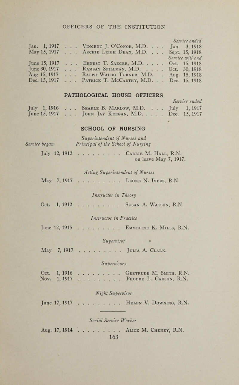 Service ended Jan. 1, 1917 . . . Vincent J. O’Conor, M.D. . . . Jan. 3, 1918 May 15, 1917 . . . Archie Leigh Dean, M.D. . . . Sept. 15, 1918 Service will end June 15, 1917 . . . Ernest T. Saeger, M.D. Oct. 15, 1918 June 30, 1917 . . . Ramsay Spillman, M.D. Oct. 30, 1918 Aug 15, 1917 . . . Ralph Waldo Turner, M.D. Aug. 15, 1918 Dec. 15, 1917 . . . Patrick T. McCarthy, M.D. . . Dec. 15, 1918 PATHOLOGICAL HOUSE OFFICERS Service ended July 1, 1916 . . . Searle B. Marlow, M.D. . . . July 1, 1917 June 15, 1917 . . . John Jay Keegan, M.D. Dec. 15, 1917 SCHOOL OF NURSING Superintendent of Nurses and Service began Principal of the School of Nursing July 12, 1912.Carrie M. Hall, R.N. on leave May 7, 1917. Acting Superintendent of Nurses May 7, 1917.Leone N. Ivers, R.N. Instructor in Theory Oct. 1, 1912.Susan A. Watson, R.N. Instructor in Practice June 12, 1915.Emmeline K. Mills, R.N. Supervisor * May 7, 1917.Julia A. Clark. Supervisors Oct. 1, 1916.Gertrude M. Smith. R.N. Nov. 1, 1917.Phoebe L. Carson, R.N. June 17, 1917 Night Supervisor .Helen V. Downing, R.N. Social Service Worker Aug. 17, 1914 Alice M. Cheney, R.N.