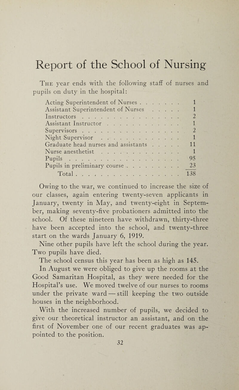 Report of the School of Nursing The year ends with the following staff of nurses and pupils on duty in the hospital: Acting Superintendent of Nurses. 1 Assistant Superintendent of Nurses . 1 Instructors. 2 Assistant Instructor. 1 Supervisors. 2 Night Supervisor . 1 Graduate head nurses and assistants. 11 Nurse anesthetist. 1 Pupils. 95 Pupils in preliminary course. 23 Total.138 Owing to the war, we continued to increase the size of our classes, again entering twenty-seven applicants in January, twenty in May, and twenty-eight in Septem¬ ber, making seventy-five probationers admitted into the school. Of these nineteen have withdrawn, thirty-three have been accepted into the school, and twenty-three start on the wards January 6, 1919. Nine other pupils have left the school during the year. Two pupils have died. The school census this year has been as high as 145. In August we were obliged to give up the rooms at the Good Samaritan Hospital, as they were needed for the Hospital’s use. We moved twelve of our nurses to rooms under the private ward — still keeping the two outside houses in the neighborhood. With the increased number of pupils, we decided to give our theoretical instructor an assistant, and on the first of November one of our recent graduates was ap¬ pointed to the position.