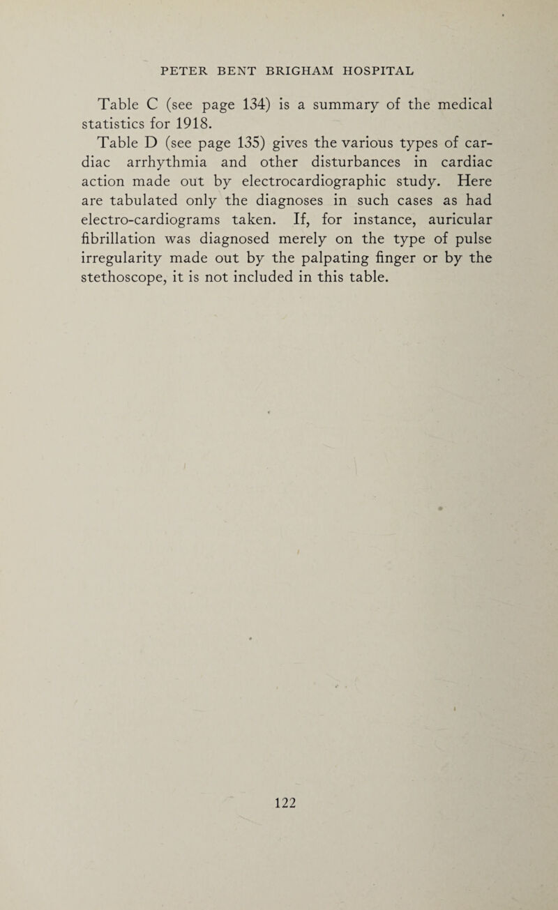 Table C (see page 134) is a summary of the medical statistics for 1918. Table D (see page 135) gives the various types of car¬ diac arrhythmia and other disturbances in cardiac action made out by electrocardiographic study. Here are tabulated only the diagnoses in such cases as had electro-cardiograms taken. If, for instance, auricular fibrillation was diagnosed merely on the type of pulse irregularity made out by the palpating finger or by the stethoscope, it is not included in this table.