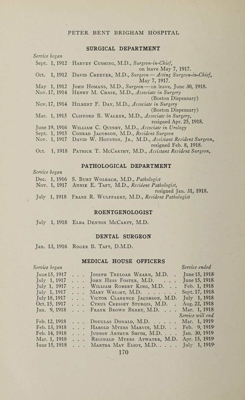 Service began Sept. 1, 1912 Oct. 1, 1912 May 1, 1912 Nov. 17, 1914 Nov. 17, 1914 Mar. 1, 1915 June 19, 1916 Sept. 1, 1915 Nov. 1, 1917 Oct. 1, 1918 Service began Dec. 1, 1916 Nov. 1, 1917 July 1, 1918 July 1, 1918 Jan. 13, 1916 Service began June 15, 1917 July 1, 1917 July 1, 1917 July 1, 1917 July 18,1917 Oct. 15, 1917 Jan. 9, 1918 Feb. 12, 1918 Feb. 13, 1918 Feb. 14, 1918 Mar. 1, 1918 Tune 15, 1918 SURGICAL DEPARTMENT Harvey Cushing, M.D., Surgeon-in-Chief, on leave May 7, 1917. David Cheever, M.D., Surgeon — Acting Surgeon-in-Chiefy May 7, 1917. John Homans, M.D., Surgeon — on leave, June 30, 1918. Henry M. Chase, M.D., Associate in Surgery (Boston Dispensary) Hilbert F. Day, M.D., Associate in Surgery (Boston Dispensary) Clifford B. Walker, M.D., Associate in Surgery, resigned Apr. 25, 1918. William C. Quinby, M.D., Associate in Urology Conrad Jacobson, M.D., Resident Surgeon David W. Houston, Jr., M.D., Assistant Resident Surgeony resigned Feb. 8, 1918. Patrick T. McCarthy, M.D., Assistant Resident Surgeon, PATHOLOGICAL DEPARTMENT S. Burt Wolbach, M.D., Pathologist Annie E. Taft, M.D., Resident Pathologist, resigned Jan. 31, 1918. Franz R. Wulffaert, M.D., Resident Pathologist ROENTGENOLOGIST Elba Denton McCarty, M.D. DENTAL SURGEON Roger B. Taft, D.M.D. MEDICAL HOUSE OFFICERS Service ended . . . Joseph Treloar Wearn, M.D. . June 15, 1918 . . . John Hess Foster, M.D. . . . June 15, 1918 . . . William Robert King, M.D. . . Feb. 1, 1918 . . . Mary Wright, M.D.Sept. 17, 1918 . . . Victor Clarence Jacobson, M.D. July 1, 1918 . . . Cyrus Cressey Sturgis, M.D. . Aug. 22, 1918 . . . Frank Brown Berry, M.D. . . . Mar. 1, 1918 Service will end . . . Douglas Donald, M.D.Mar. 1, 1919 . . . Harold Myers Marvin, M.D. . . Feb. 9, 1919 . . . Judson Arthur Smith, M.D. . . . Jan. 30, 1919 . . . Reginald Myers Atwater, M.D. Apr. 15, 1919 . . . Martha May Eliot, M.D.July 1, 1919'