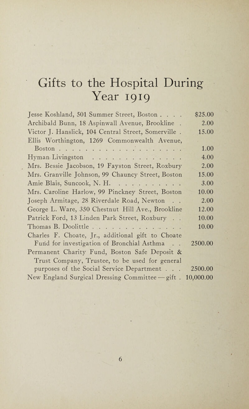 Gifts to the Hospital During Year 1919 Jesse Koshland, 501 Summer Street, Boston .... $25.00 Archibald Bunn, 18 Aspinwall Avenue, Brookline . 2.00 Victor J. Hanslick, 104 Central Street, Somerville . 15.00 Ellis Worthington, 1269 Commonwealth Avenue, Boston. 1.00 Hyman Livingston . 4.00 Mrs. Bessie Jacobson, 19 Fayston Street, Roxbury 2.00 Mrs. Granville Johnson, 99 Chauncy Street, Boston 15.00 Amie Blais, Suncook, N. H. 3.00 Mrs. Caroline Harlow, 99 Pinckney Street, Boston 10.00 Joseph Armitage, 28 Riverdale Road, Newton . . 2.00 George L. Ware, 350 Chestnut Hill Ave., Brookline 12.00 Patrick Ford, 13 Linden Park Street, Roxbury . . 10.00 Thomas B. Doolittle. 10.00 Charles F. Choate, Jr., additional gift to Choate Fund for investigation of Bronchial Asthma . . 2500.00 Permanent Charity Fund, Boston Safe Deposit & Trust Company, Trustee, to be used for general purposes of the Social Service Department . . . 2500.00 New England Surgical Dressing Committee — gift . 10,000.00