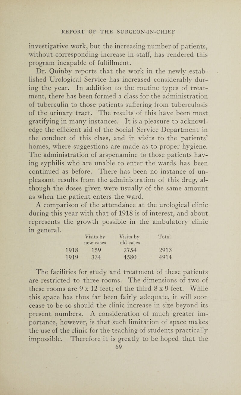 investigative work, but the increasing number of patients, without corresponding increase in staff, has rendered this program incapable of fulfillment. Dr. Quinby reports that the work in the newly estab¬ lished Urological Service has increased considerably dur¬ ing the year. In addition to the routine types of treat¬ ment, there has been formed a class for the administration of tuberculin to those patients suffering from tuberculosis of the urinary tract. The results of this have been most gratifying in many instances. It is a pleasure to acknowl¬ edge the efficient aid of the Social Service Department in the conduct of this class, and in visits to the patients’ homes, where suggestions are made as to proper hygiene. The administration of arspenamine to those patients hav¬ ing syphilis who are unable to enter the wards has been continued as before. There has been no instance of un¬ pleasant results from the administration of this drug, al¬ though the doses given were usually of the same amount as when the patient enters the ward. A comparison of the attendance at the urological clinic during this year with that of 1918 is of interest, and about represents the growth possible in the ambulatory clinic in general. Visits by Visits by Total new cases old cases 1918 159 2754 2913 1919 334 4580 4914 The facilities for study and treatment of these patients are restricted to three rooms. The dimensions of two of these rooms are 9 x 12 feet; of the third 8x9 feet. While this space has thus far been fairly adequate, it will soon cease to be so should the clinic increase in size beyond its present numbers. A consideration of much greater im¬ portance, however, is that such limitation of space makes the use of the clinic for the teaching of students practically impossible. Therefore it is greatly to be hoped that the