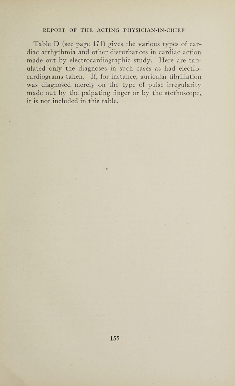 Table D (see page 171) gives the various types of car¬ diac arrhythmia and other disturbances in cardiac action made out by electrocardiographic study. Here are tab¬ ulated only the diagnoses in such cases as had electro¬ cardiograms taken. If, for instance, auricular fibrillation was diagnosed merely on the type of pulse irregularity made out by the palpating finger or by the stethoscope, it is not included in this table.