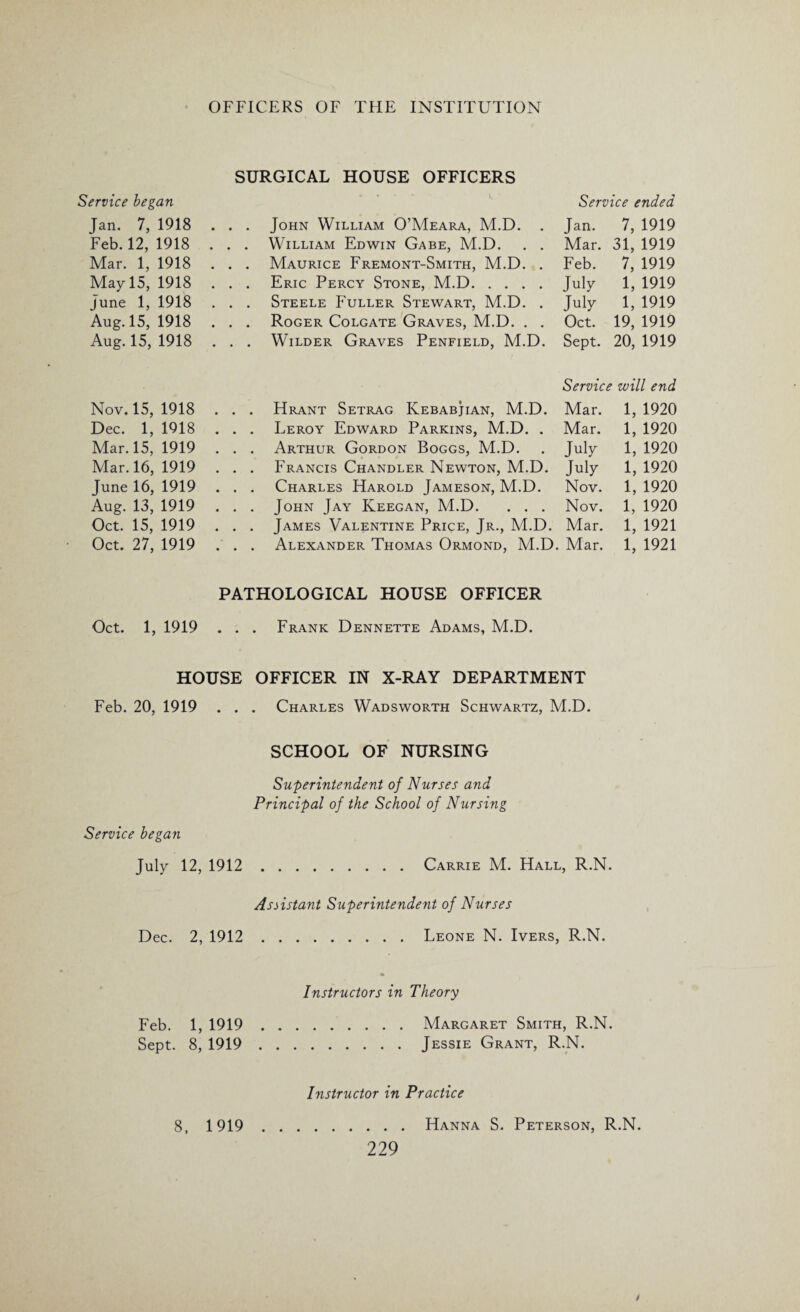 Service began Jan. 7, 1918 Feb. 12, 1918 Mar. 1, 1918 May 15, 1918 June 1, 1918 Aug. 15, 1918 Aug. 15, 1918 Nov. 15, 1918 Dec. 1, 1918 Mar. 15, 1919 Mar. 16, 1919 June 16, 1919 Aug. 13, 1919 Oct. 15, 1919 Oct. 27, 1919 SURGICAL HOUSE OFFICERS Service ended . . . John William O’Meara, M.D. . Jan. 7, 1919 . . . William Edwin Gabe, M.D. . . Mar. 31, 1919 . . . Maurice Fremont-Smith, M.D. . Feb. 7, 1919 . . . Eric Percy Stone, M.D.July 1, 1919 . . . Steele Fuller Stewart, M.D. . July 1, 1919 . . . Roger Colgate Graves, M.D. . . Oct. 19, 1919 . . . Wilder Graves Penfield, M.D. Sept. 20, 1919 Service will end . . . Hrant Setrag Kebabjian, M.D. Mar. 1, 1920 . . . Leroy Edward Parkins, M.D. . Mar. 1, 1920 . . . Arthur Gordon Boggs, M.D. . July 1, 1920 . . . Francis Chandler Newton, M.D. July 1, 1920 . . . Charles Harold Jameson, M.D. Nov. 1, 1920 . . . John Jay Keegan, M.D. . . . Nov. 1, 1920 . . . James Valentine Price, Jr., M.D. Mar. 1, 1921 . . . Alexander Thomas Ormond, M.D. Mar. 1, 1921 PATHOLOGICAL HOUSE OFFICER Oct. 1, 1919 . . . Frank Dennette Adams, M.D. HOUSE OFFICER IN X-RAY DEPARTMENT Feb. 20, 1919 . . . Charles Wadsworth Schwartz, M.D. SCHOOL OF NURSING Superintendent of Nurses and Principal of the School of Nursing Service began July 12, 1912.Carrie M. Hall, R.N. Assistant Superintendent of Nurses Dec. 2, 1912.Leone N. Ivers, R.N. Instructors in Theory Feb. 1, 1919.Margaret Smith, R.N. Sept. 8, 1919.Jessie Grant, R.N. Instructor in Practice 8, 1919 Hanna S. Peterson, R.N.