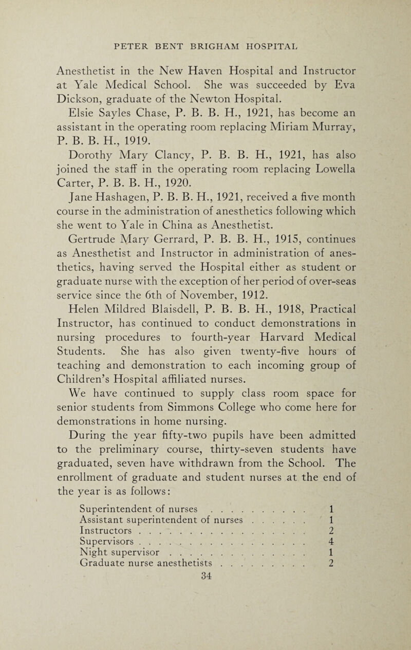 Anesthetist in the New Haven Hospital and Instructor at Yale Medical School. She was succeeded by Eva Dickson, graduate of the Newton Hospital. Elsie Sayles Chase, P. B. B. H., 1921, has become an assistant in the operating room replacing Miriam Murray, P. B. B. H., 1919. Dorothy Mary Clancy, P. B. B. H., 1921, has also joined the staff in the operating room replacing Lowella Carter, P. B. B. H., 1920. Jane Hashagen, P. B. B. H., 1921, received a five month course in the administration of anesthetics following which she went to Yale in China as Anesthetist. Gertrude Mary Gerrard, P. B. B. H., 1915 , continues as Anesthetist and Instructor in administration of anes¬ thetics, having served the Hospital either as student or graduate nurse with the exception of her period of over-seas service since the 6th of November, 1912. Helen Mildred Blaisdell, P. B. B. H., 1918, Practical Instructor, has continued to conduct demonstrations in nursing procedures to fourth-year Harvard Medical Students. She has also given twenty-five hours of teaching and demonstration to each incoming group of Children’s Hospital affiliated nurses. We have continued to supply class room space for senior students from Simmons College who come here for demonstrations in home nursing. During the year fifty-two pupils have been admitted to the preliminary course, thirty-seven students have graduated, seven have withdrawn from the School. The enrollment of graduate and student nurses at the end of the year is as follows: Superintendent of nurses . 1 Assistant superintendent of nurses. 1 Instructors. 2 Supervisors. 4 Night supervisor. 1 Graduate nurse anesthetists. 2