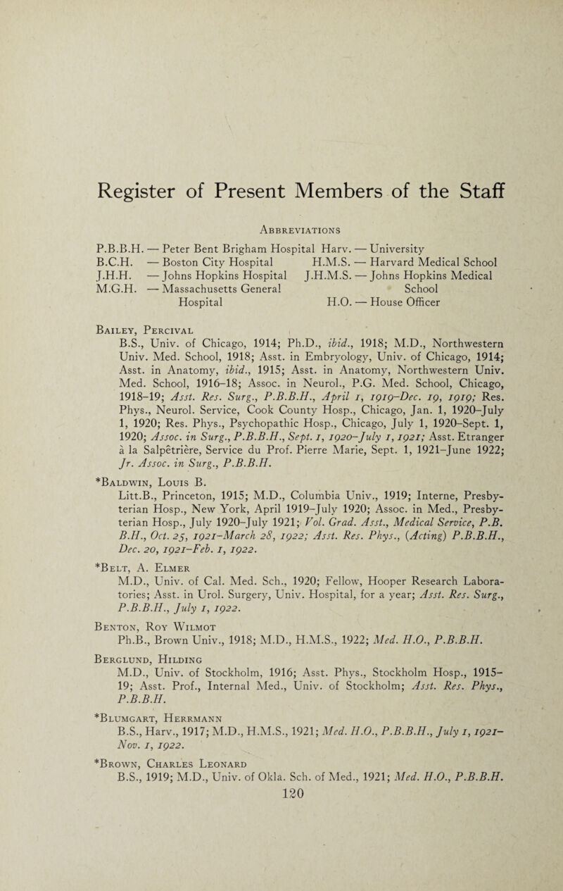 Register of Present Members of the Staff Abbreviations P.B.B.H. — Peter Bent Brigham Hospital Harv. B.C.H. — Boston City Hospital H.M.S. J.H.H. —Johns Hopkins Hospital J.H.M.S. M.G.H. — Massachusetts General Hospital H.O. University Harvard Medical School Johns Hopkins Medical School House Officer Bailey, Percival B.S., Univ. of Chicago, 1914; Ph.D., ibid., 1918; M.D., Northwestern Univ. Med. School, 1918; Asst, in Embryology, Univ. of Chicago, 1914; Asst, in Anatomy, ibid., 1915; Asst, in Anatomy, Northwestern Univ. Med. School, 1916—18; Assoc, in Neurol., P.G. Med. School, Chicago, 1918-19; Asst. Res. Surg., P.B.B.H., April i, igig-Dec. ig, igig; Res. Phys., Neurol. Service, Cook County Hosp., Chicago, Jan. 1, 1920-July 1, 1920; Res. Phys., Psychopathic Hosp., Chicago, July 1, 1920-Sept. 1, 1920; Assoc, in Surg., P.B.B.H., Sept, i, ig20-]uly i, ig2i; Asst. Etranger a la Salpetriere, Service du Prof. Pierre Marie, Sept. 1, 1921-June 1922; Jr. Assoc, in Surg., P.B.B.H. *Baldwin, Louis B. Litt.B., Princeton, 1915; M.D., Columbia Univ., 1919; Interne, Presby¬ terian Hosp., New York, April 1919-July 1920; Assoc, in Med., Presby¬ terian Hosp., July 1920-July 1921; Vol. Grad. Asst., Medical Service, P.B. B.H., Oct. 25, ig2i-March 28, ig22; Asst. Res. Phys., (Acting) P.B.B.H., Dec. 20, ig2i-Feb. 1, ig22. *Belt, A. Elmer M.D., Univ. of Cal. Med. Sch., 1920; Fellow, Hooper Research Labora¬ tories; Asst, in Urol. Surgery, Univ. Hospital, for a year; Asst. Res. Surg., P.B.B.H., July 1, ig22. Benton, Roy Wilmot Ph.B., Brown Univ., 1918; M.D., H.M.S., 1922; Med. H.O., P.B.B.H. Berglund, Hilding M.D., Univ. of Stockholm, 1916; Asst. Phys., Stockholm Hosp., 1915— 19; Asst. Prof., Internal Med., Univ. of Stockholm; Asst. Res. Phys., P.B.B.H. *Blumgart, Herrmann B.S., Harv., 1917; M.D., H.M.S., 1921; Med. Ii.O., P.B.B.H., July 1, ig2i- Nov. i, ig22. *Brown, Charles Leonard B.S., 1919; M.D., Univ. of Okla. Sch. of Med., 1921; Med. H.O., P.B.B.H.