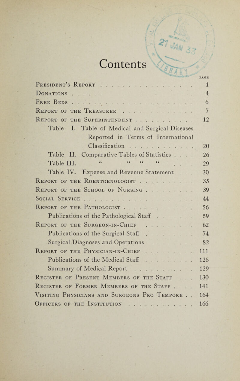 Contents PAGE President’s Report. 1 Donations. 4 Free Beds .. 6 Report of the Treasurer. 7 Report of the Superintendent . .. 12 Table I. Table of Medical and Surgical Diseases Reported in Terms of International Classification. 20 i.. Table II. Comparative Tables of Statistics .... 26 Table III. “ “ “ “ .... 29 Table IV. Expense and Revenue Statement ... 30 Report of the Roentgenologist. 35 Report of the School of Nursing. 39 Social Service. 44 Report of the Pathologist .. 56 Publications of the Pathological Staff. 59 Report of the Surgeon-in-Chief . 62 Publications of the Surgical Staff.74 Surgical Diagnoses and Operations . 82 Report of the Physician-in-Chief. Ill Publications of the Medical Staff. 126 Summary of Medical Report. 129 Register of Present Members of the Staff . . . 130 Register of Former Members of the Staff .... 141 Visiting Physicians and Surgeons Pro Tempore . . 164 Officers of the Institution. 166