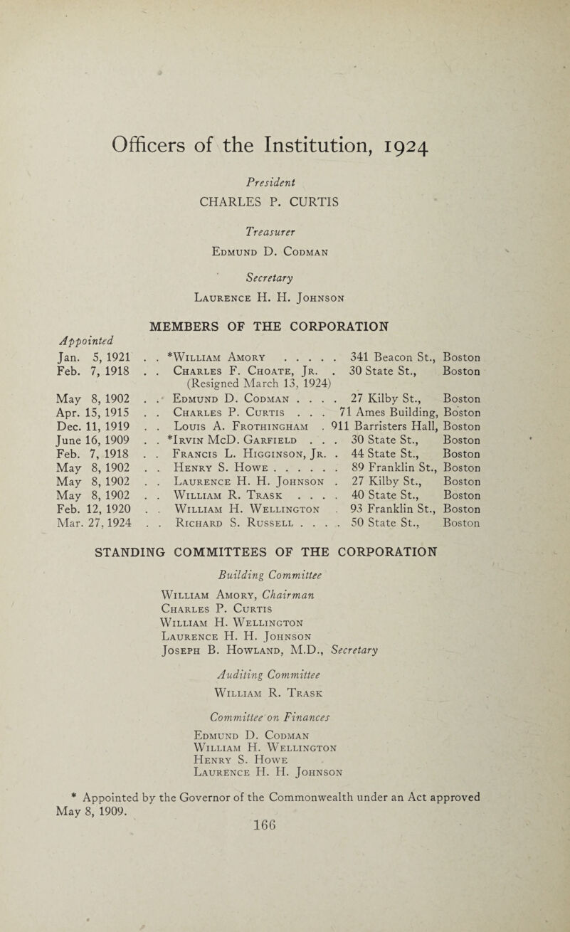 Officers of the Institution, 1924 President CHARLES P. CURTIS Treasurer Edmund D. Codman Secretary Laurence H. H. Johnson MEMBERS OF THE CORPORATION Appointed Jan. 5, 1921 . . *William Amory .... 341 Beacon St., Boston Feb. 7, 1918 . . Charles F. Choate, Jr. . 30 State St., Boston (Resigned March 13, 1924) May 8, 1902 . . Edmund D. Codman . . . . 27 Kilby St., Boston Apr. 15, 1915 . . Charles P. Curtis . . . 71 Ames Building, Boston Dec. 11, 1919 . . Louis A. Frothingham 911 Barristers Hall, Boston June 16, 1909 . . *Irvin McD. Garfield . . 30 State St., Boston Feb. 7, 1918 . . Francis L. Higginson, Jr. . 44 State St., Boston May 8, 1902 . . Henry S. Howe. 89 Franklin St., Boston May 8, 1902 . . Laurence H. H. Johnson . 27 Kilby St., Boston May 8, 1902 . . William R. Trask . . . 40 State St., Boston Feb. 12, 1920 . . William H. Wellington 93 Franklin St., Boston Alar. 27,1924 . . Richard S. Russell . . . . 50 State St., Boston STANDING COMMITTEES OF THE CORPORATION Building Committee William Amory, Chairman Charles P. Curtis William H. Wellington Laurence H. H. Johnson Joseph B. Howland, M.D., Secretary Auditing Committee William R. Trask Committee on Finances Edmund D. Codman William H. Wellington Henry S. Howe Laurence H. H. Johnson * Appointed by the Governor of the Commonwealth under an Act approved May 8, 1909.