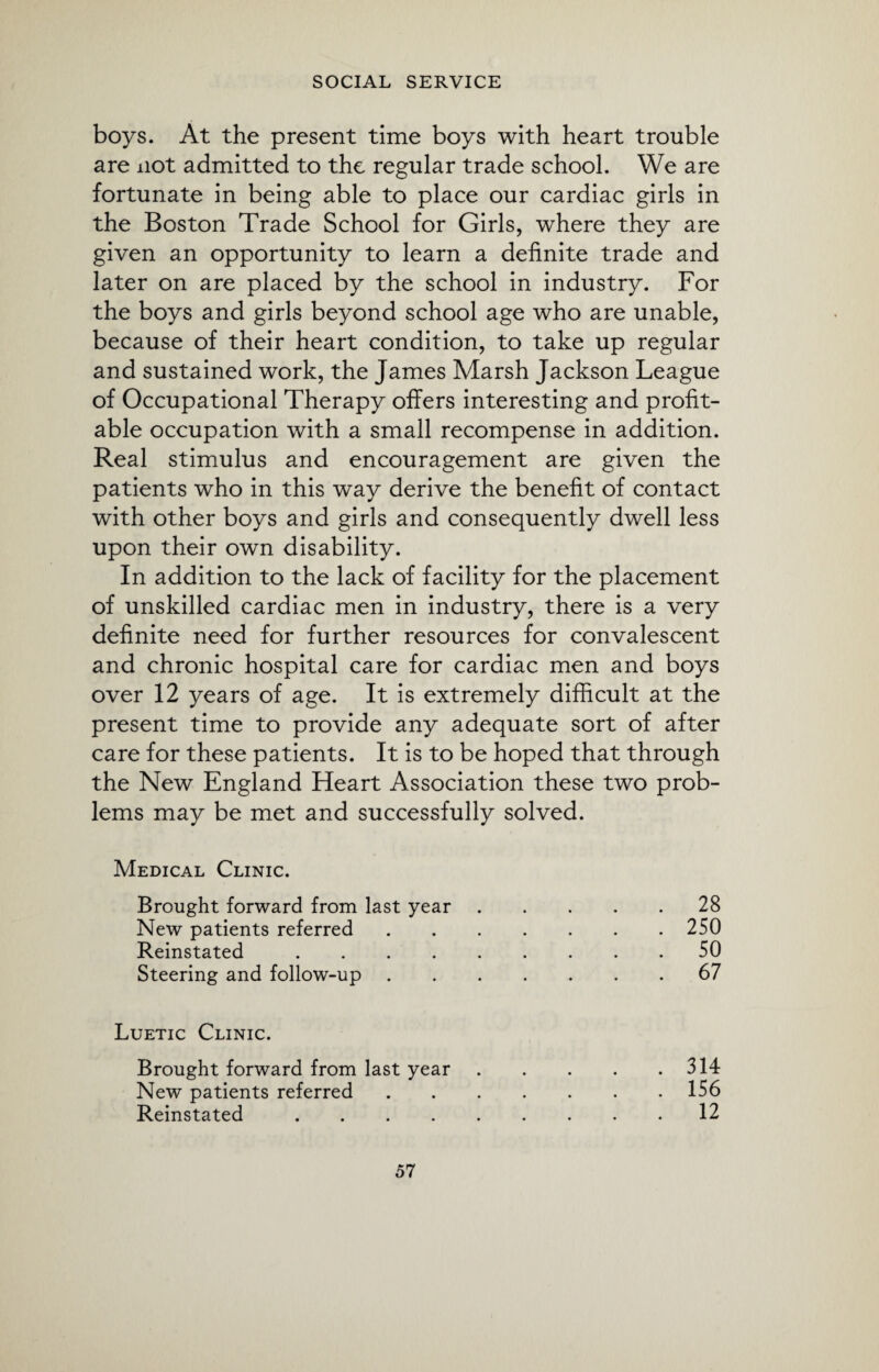 boys. At the present time boys with heart trouble are not admitted to the regular trade school. We are fortunate in being able to place our cardiac girls in the Boston Trade School for Girls, where they are given an opportunity to learn a definite trade and later on are placed by the school in industry. For the boys and girls beyond school age who are unable, because of their heart condition, to take up regular and sustained work, the James Marsh Jackson League of Occupational Therapy offers interesting and profit¬ able occupation with a small recompense in addition. Real stimulus and encouragement are given the patients who in this way derive the benefit of contact with other boys and girls and consequently dwell less upon their own disability. In addition to the lack of facility for the placement of unskilled cardiac men in industry, there is a very definite need for further resources for convalescent and chronic hospital care for cardiac men and boys over 12 years of age. It is extremely difficult at the present time to provide any adequate sort of after care for these patients. It is to be hoped that through the New England Heart Association these two prob¬ lems may be met and successfully solved. Medical Clinic. Brought forward from last year . . . . 28 New patients referred . . . . 250 Reinstated. 50 Steering and follow-up 67 Luetic Clinic. Brought forward from last year . . . . 314 New patients referred . . . . 156 Reinstated. . . . . 12