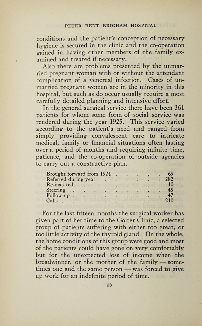 conditions and the patient’s conception of necessary hygiene is secured in the clinic and the co-operation gained in having other members of the family ex¬ amined and treated if necessary. Also there are problems presented by the unmar¬ ried pregnant woman with or without the attendant complication of a venereal infection. Cases of un¬ married pregnant women are in the minority in this hospital, but such as do occur usually require a most carefully detailed planning and intensive effort. In the general surgical service there have been 361 patients for whom some form of social service was rendered during the year 1925. This service varied according to the patient’s need and ranged from simply providing convalescent care to intricate medical, family or financial situations often lasting over a period of months and requiring infinite time, patience, and the co-operation of outside agencies to carry out a constructive plan. Brought forward from 1924 . . 69 Referred during year . 282 Re-instated. 10 Steering. . 45 Follow-up. . . . 47 Calls. . 210 For the last fifteen months the surgical worker has given part of her time to the Goiter Clinic, a selected group of patients suffering with either too great, or too little activity of the thyroid gland. On the whole, the home conditions of this group were good and most of the patients could have gone on very comfortably but for the unexpected loss of income when the breadwinner, or the mother of the family — some¬ times one and the same person — was forced to give up work for an indefinite period of time.