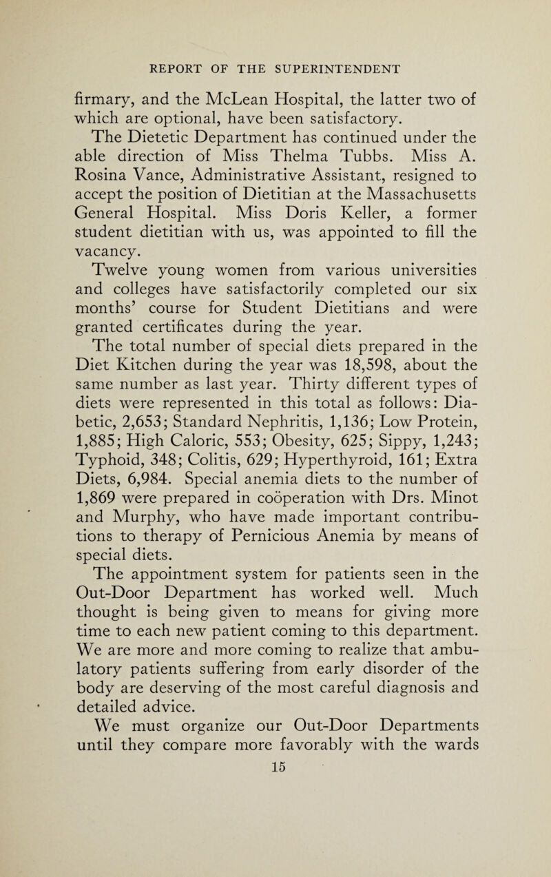 firmary, and the McLean Hospital, the latter two of which are optional, have been satisfactory. The Dietetic Department has continued under the able direction of Miss Thelma Tubbs. Miss A. Rosina Vance, Administrative Assistant, resigned to accept the position of Dietitian at the Massachusetts General Hospital. Miss Doris Keller, a former student dietitian with us, was appointed to fill the vacancy. Twelve young women from various universities and colleges have satisfactorily completed our six months’ course for Student Dietitians and were granted certificates during the year. The total number of special diets prepared in the Diet Kitchen during the year was 18,598, about the same number as last year. Thirty different types of diets were represented in this total as follows: Dia¬ betic, 2,653; Standard Nephritis, 1,136; Low Protein, 1,885; High Caloric, 553; Obesity, 625; Sippy, 1,243; Typhoid, 348; Colitis, 629; Hyperthyroid, 161; Extra Diets, 6,984. Special anemia diets to the number of 1,869 were prepared in cooperation with Drs. Minot and Murphy, who have made important contribu¬ tions to therapy of Pernicious Anemia by means of special diets. The appointment system for patients seen in the Out-Door Department has worked well. Much thought is being given to means for giving more time to each new patient coming to this department. We are more and more coming to realize that ambu¬ latory patients suffering from early disorder of the body are deserving of the most careful diagnosis and detailed advice. We must organize our Out-Door Departments until they compare more favorably with the wards